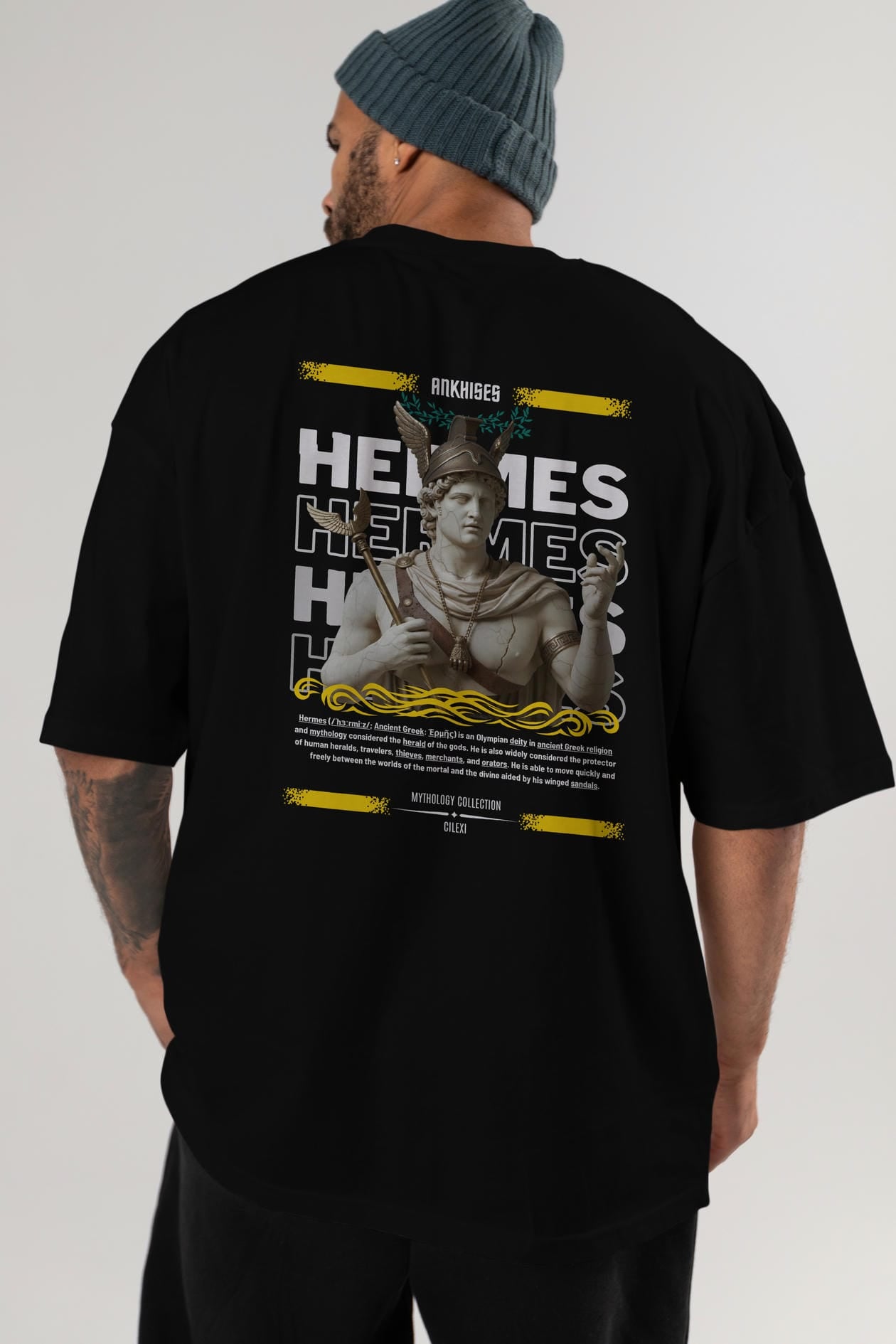 Hermes 1 Arka Baskılı Oversize t-shirt Erkek Kadın %100 Pamuk Bisiklet Yaka tişort