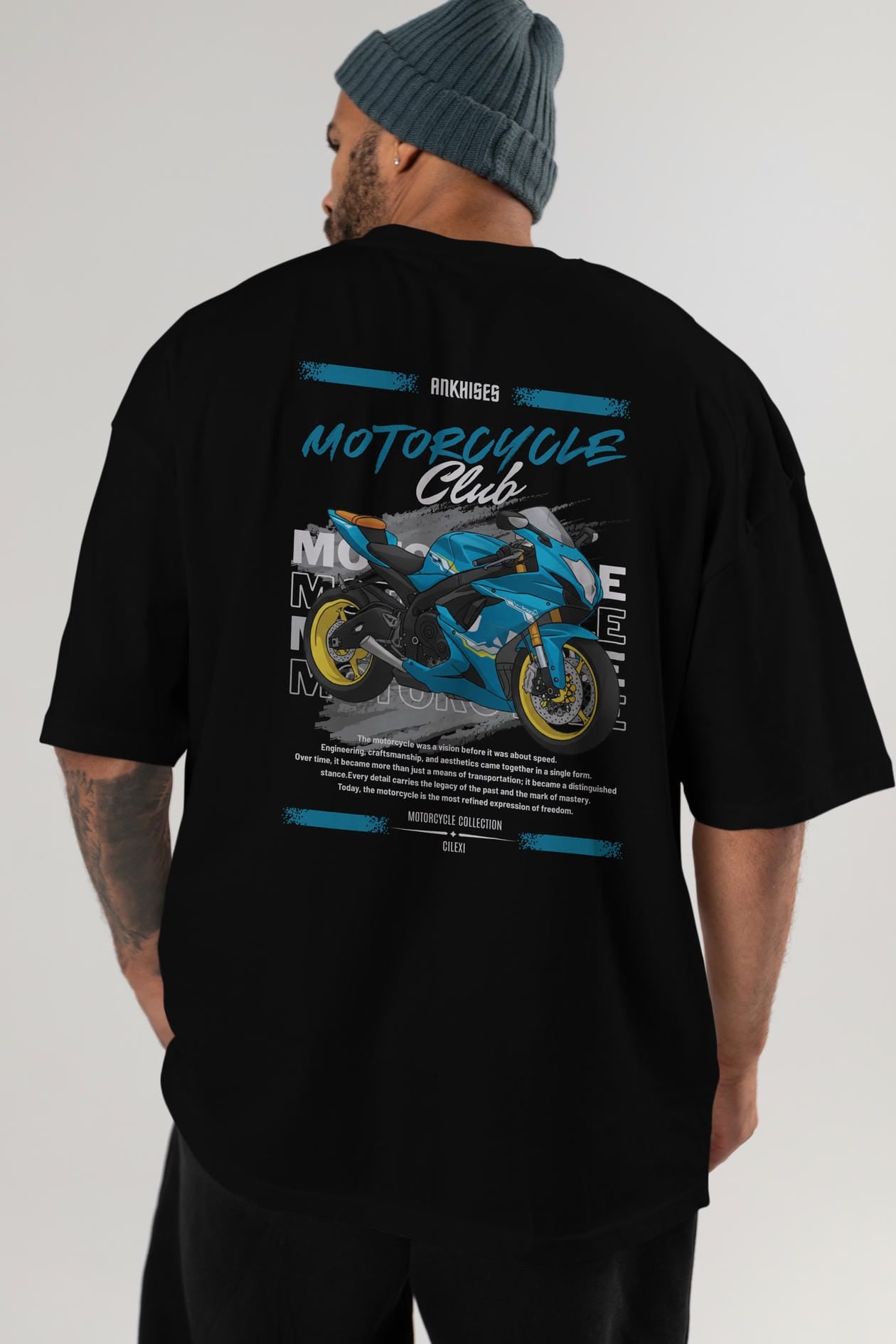 Motosiklet Serisi 11 Arka Baskılı Oversize t-shirt Erkek Kadın %100 Pamuk Bisiklet Yaka tişort