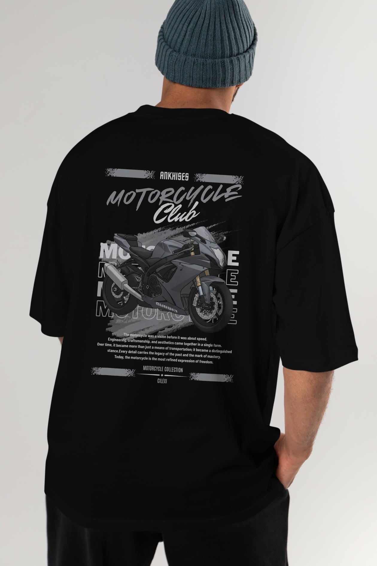 Motosiklet Serisi 10 Arka Baskılı Oversize t-shirt Erkek Kadın %100 Pamuk Bisiklet Yaka tişort