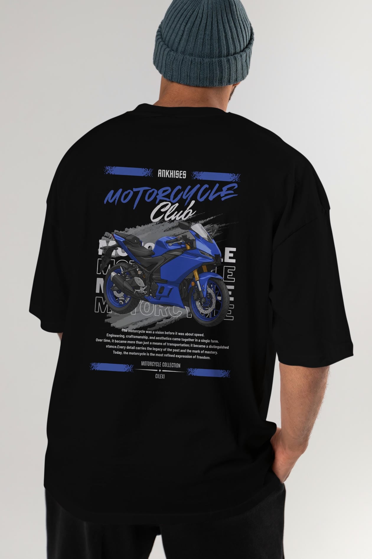 Motosiklet Serisi 33 Arka Baskılı Oversize t-shirt Erkek Kadın %100 Pamuk Bisiklet Yaka tişort