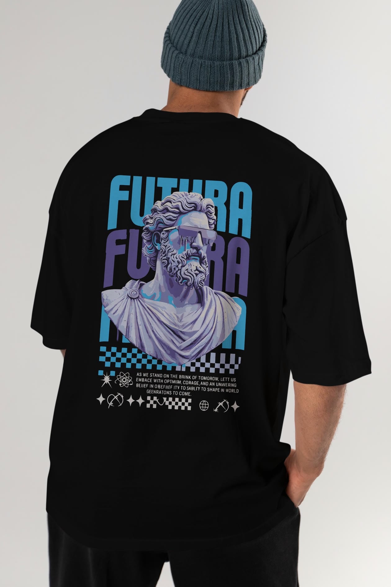 Futura Zeus Arka Baskılı Oversize t-shirt Erkek Kadın %100 Pamuk Bisiklet Yaka tişort