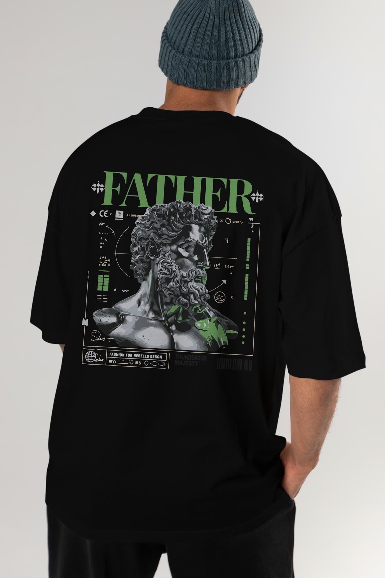 Father Zeus Arka Baskılı Oversize t-shirt Erkek Kadın %100 Pamuk Bisiklet Yaka tişort