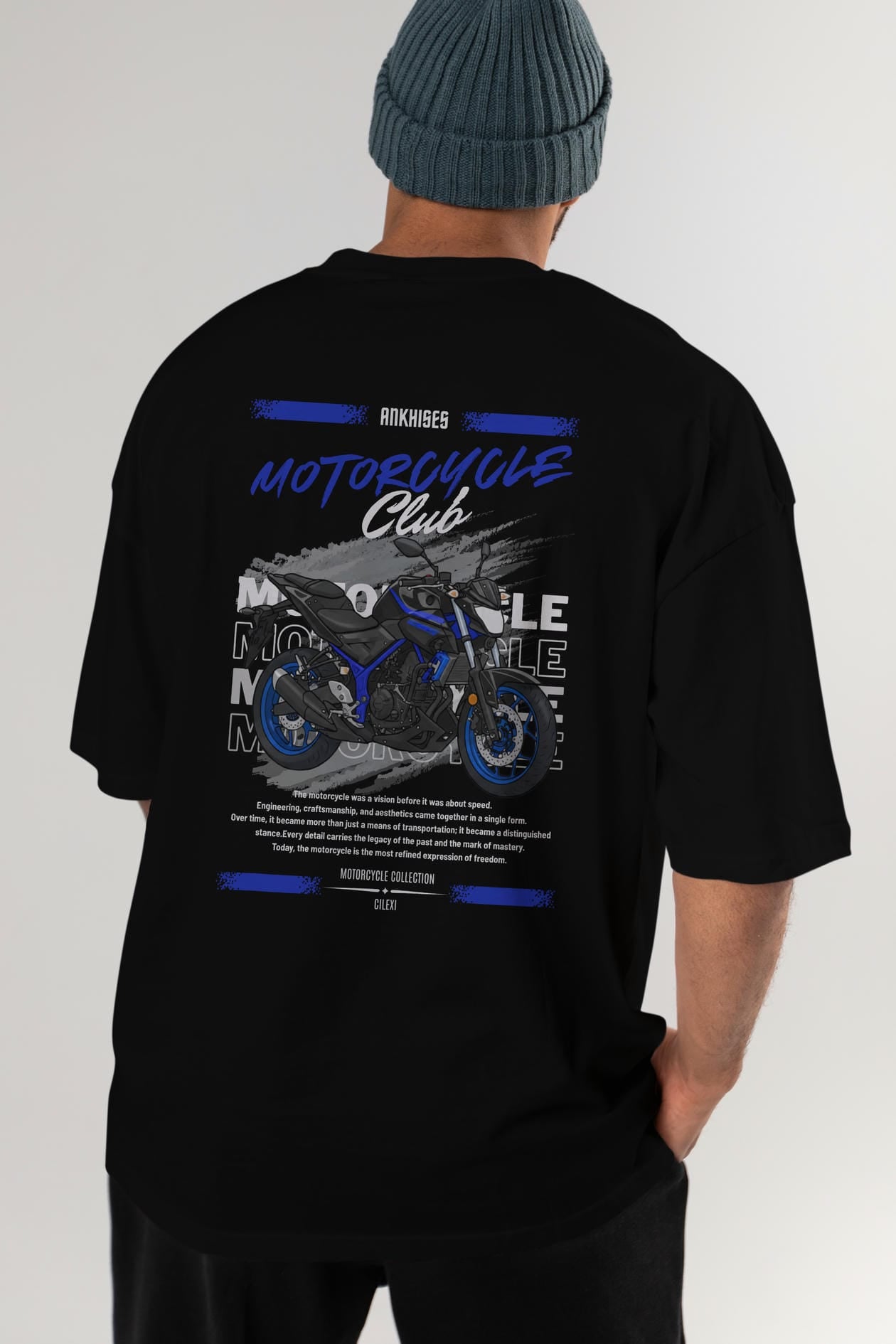 Motosiklet Serisi 22 Arka Baskılı Oversize t-shirt Erkek Kadın %100 Pamuk Bisiklet Yaka tişort