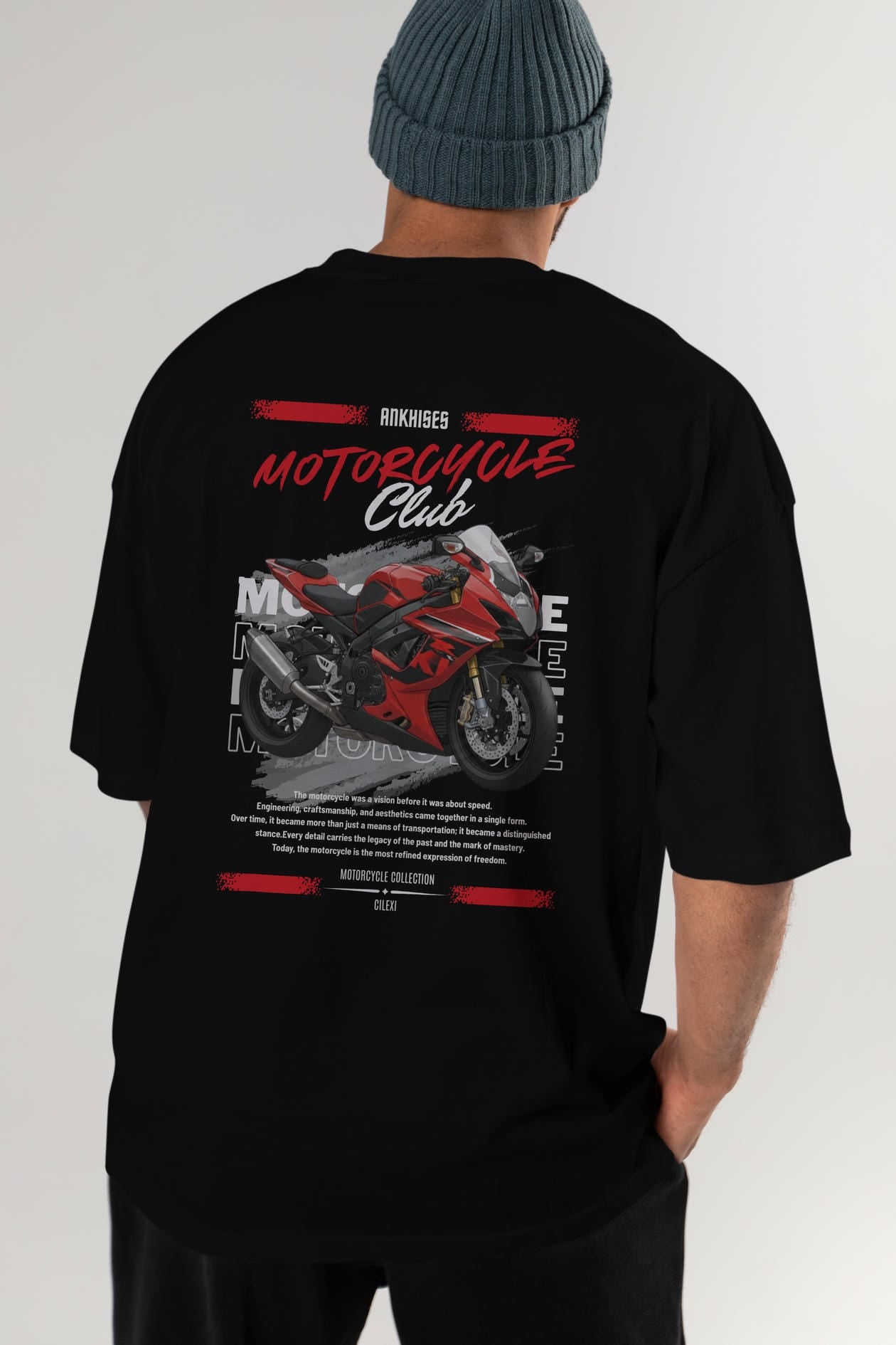 Motosiklet Serisi 5 Arka Baskılı Oversize t-shirt Erkek Kadın %100 Pamuk Bisiklet Yaka tişort
