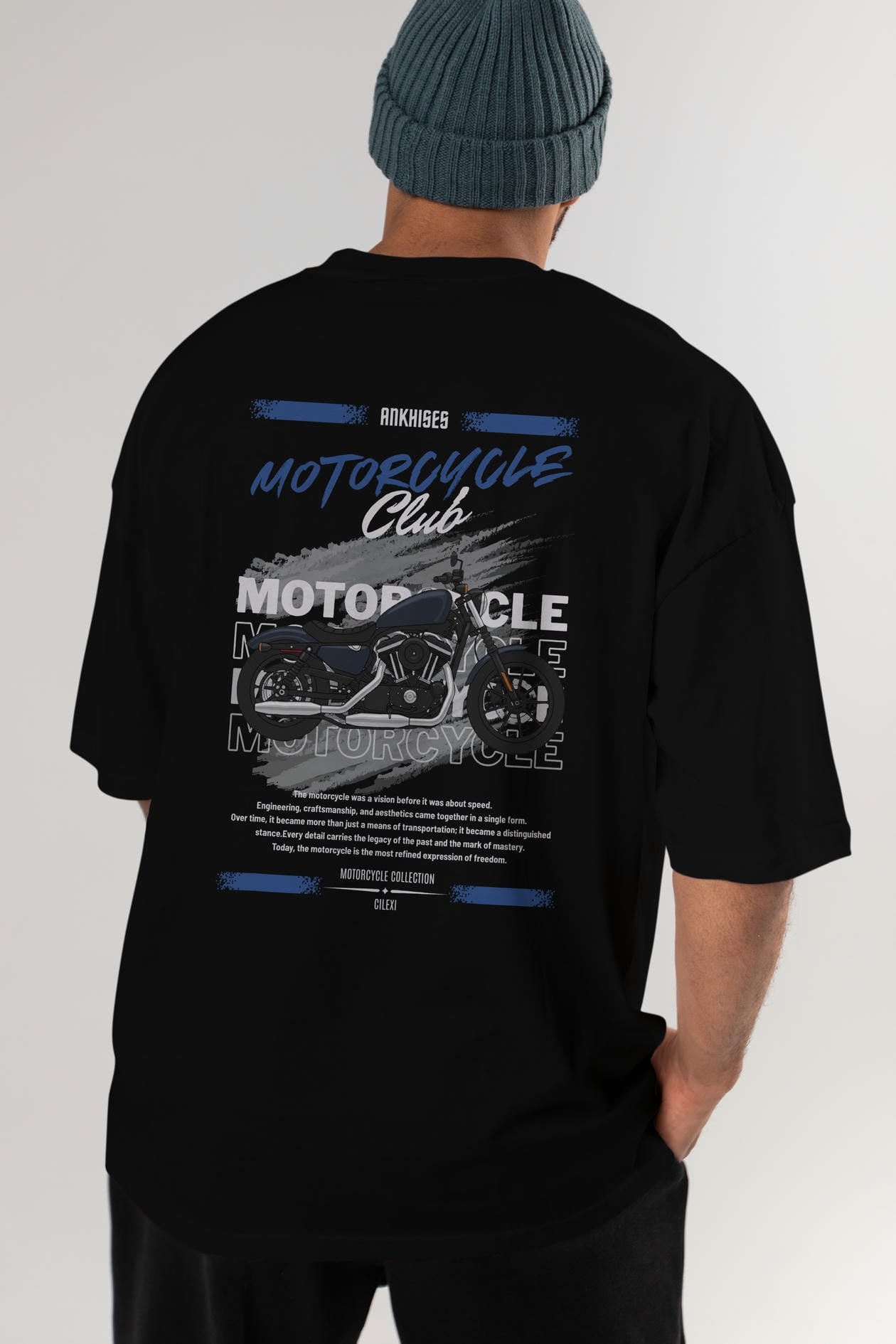 Motosiklet Serisi 30 Arka Baskılı Oversize t-shirt Erkek Kadın %100 Pamuk Bisiklet Yaka tişort