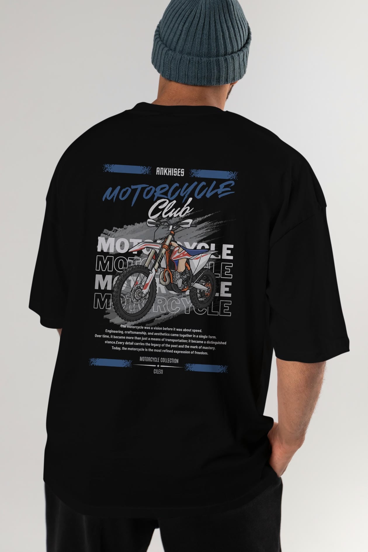 Motosiklet Serisi 18 Arka Baskılı Oversize t-shirt Erkek Kadın %100 Pamuk Bisiklet Yaka tişort