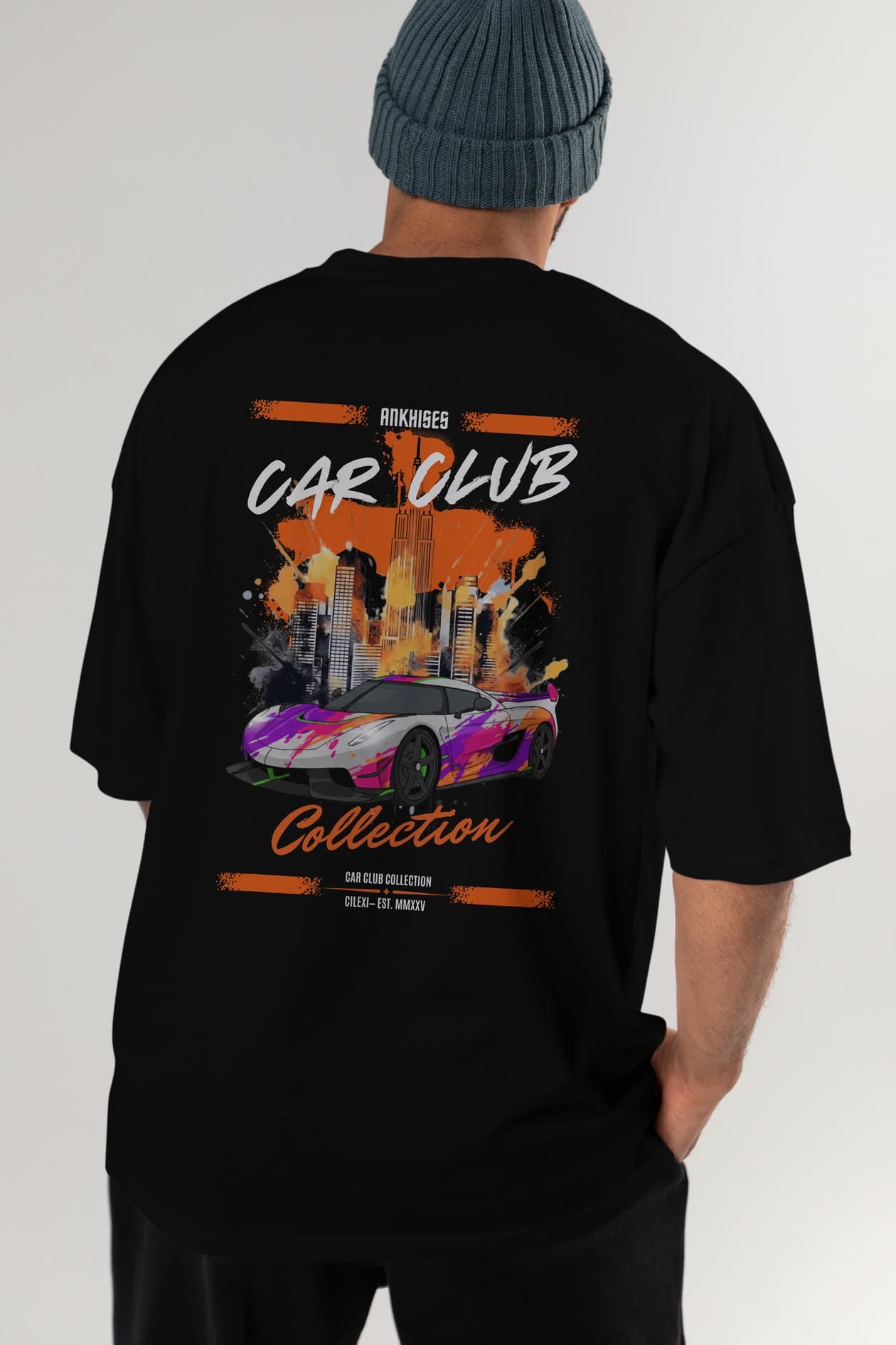 Araba Club Serisi 27 Baskılı Oversize t-shirt Erkek Kadın %100 Pamuk Bisiklet Yaka tişort