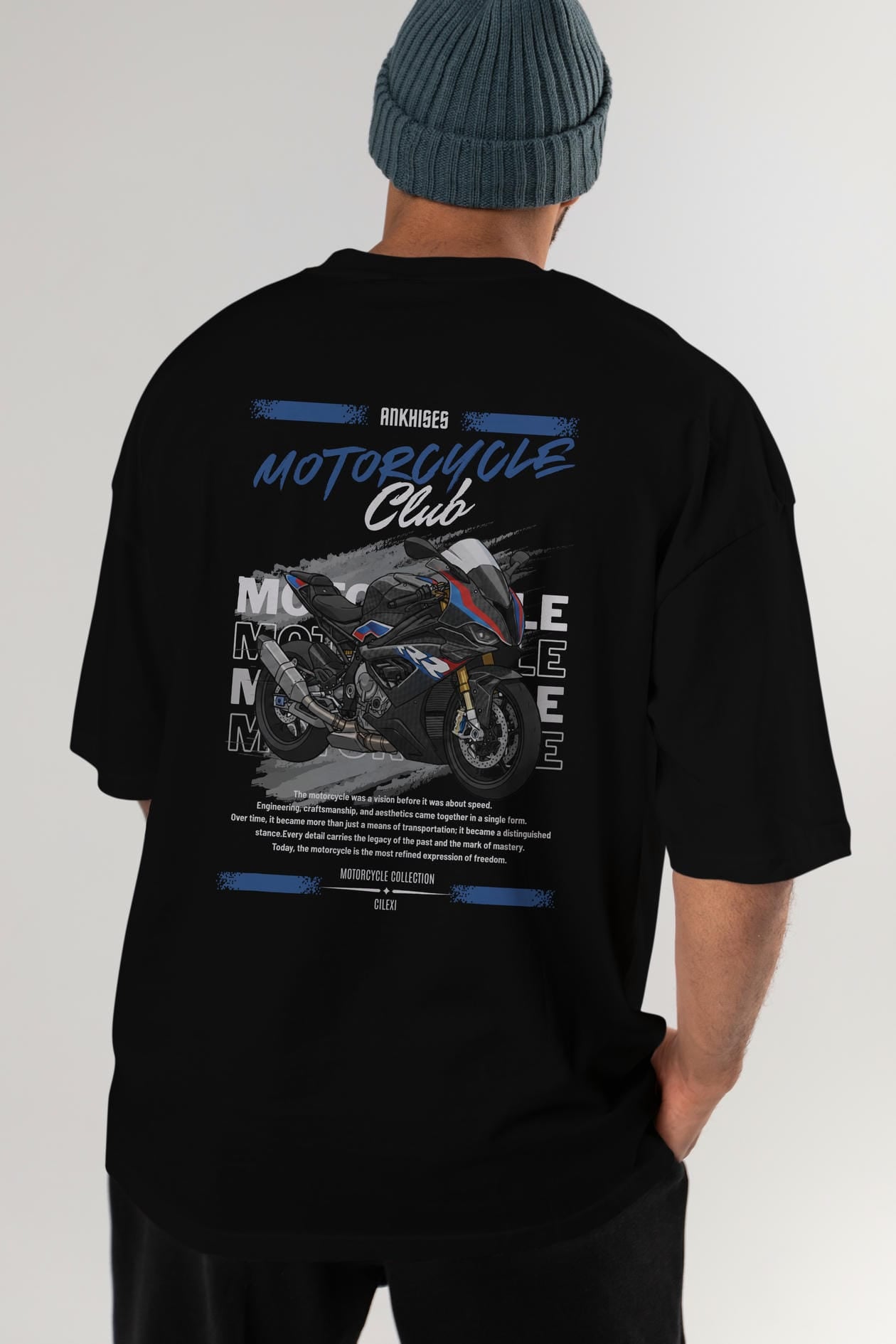Motosiklet Serisi 2 Arka Baskılı Oversize t-shirt Erkek Kadın %100 Pamuk Bisiklet Yaka tişort