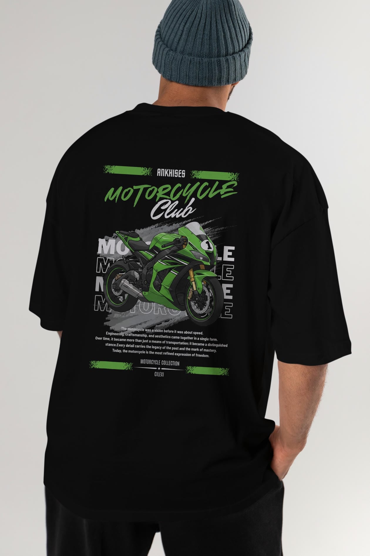 Motosiklet Serisi 6 Arka Baskılı Oversize t-shirt Erkek Kadın %100 Pamuk Bisiklet Yaka tişort