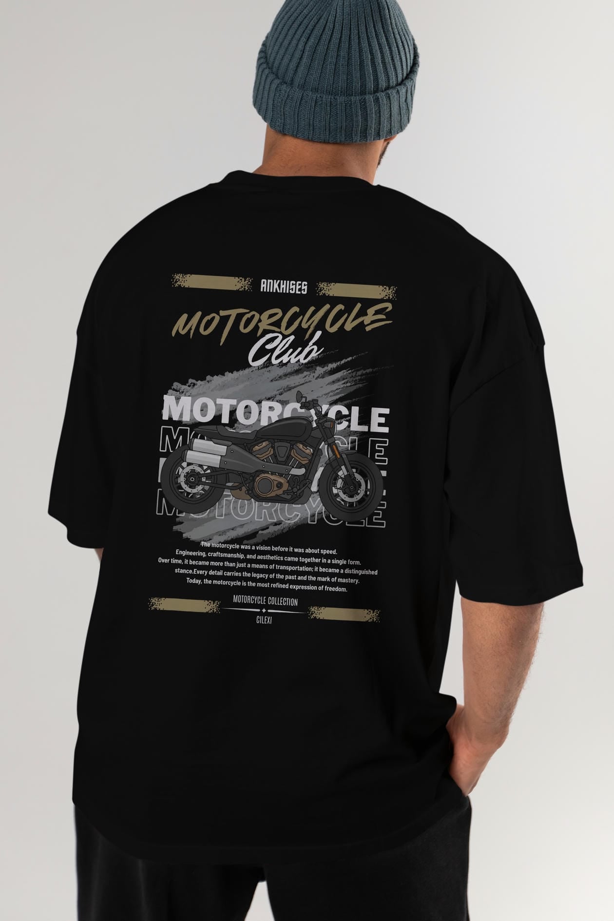 Motosiklet Serisi 29 Arka Baskılı Oversize t-shirt Erkek Kadın %100 Pamuk Bisiklet Yaka tişort