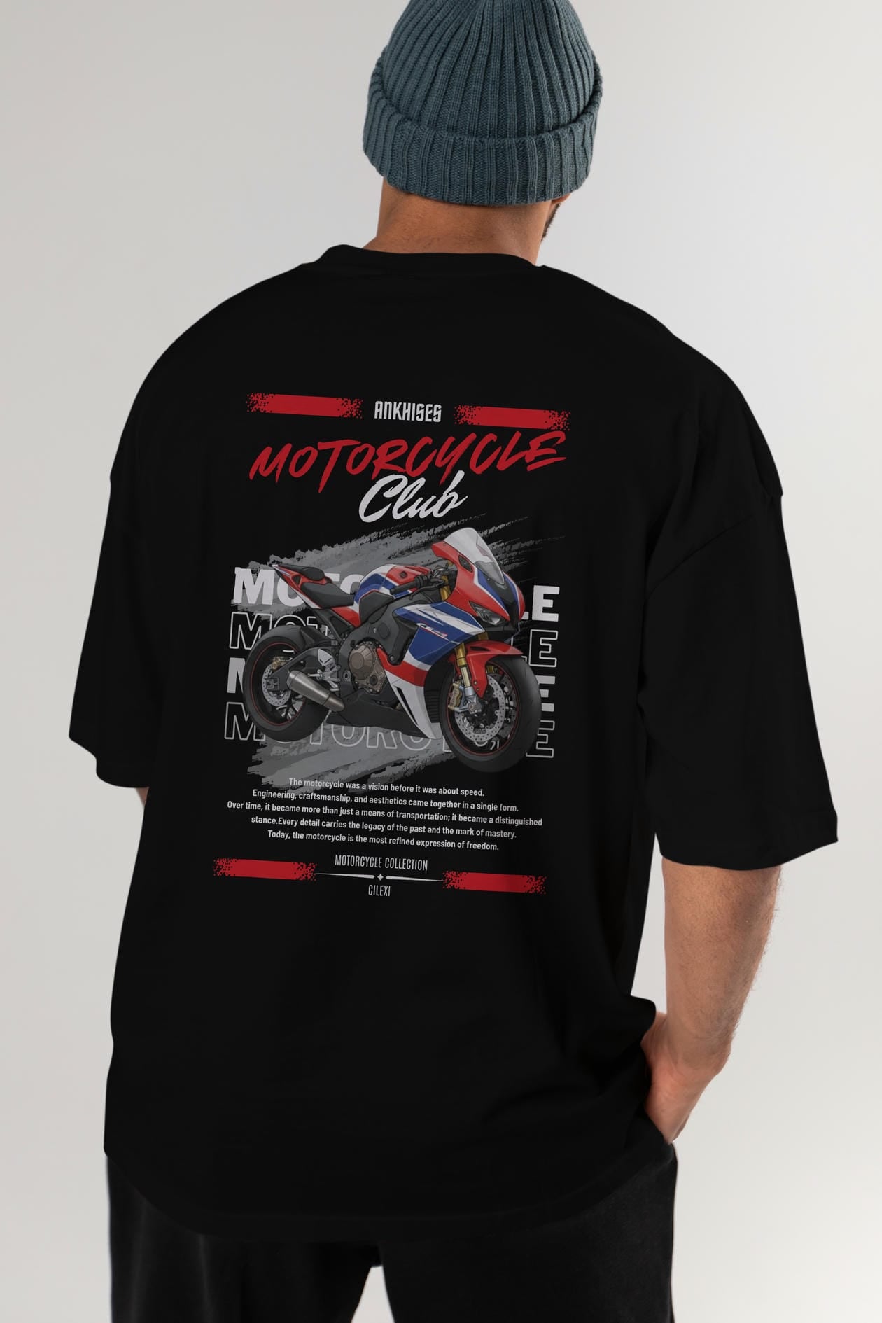 Motosiklet Serisi 3 Arka Baskılı Oversize t-shirt Erkek Kadın %100 Pamuk Bisiklet Yaka tişort