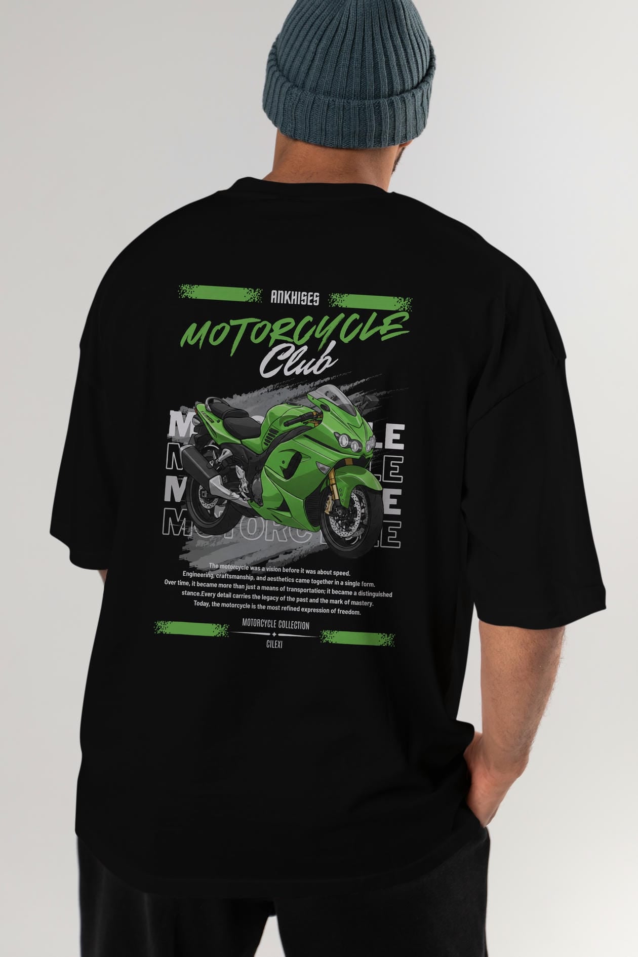 Motosiklet Serisi 12 Arka Baskılı Oversize t-shirt Erkek Kadın %100 Pamuk Bisiklet Yaka tişort