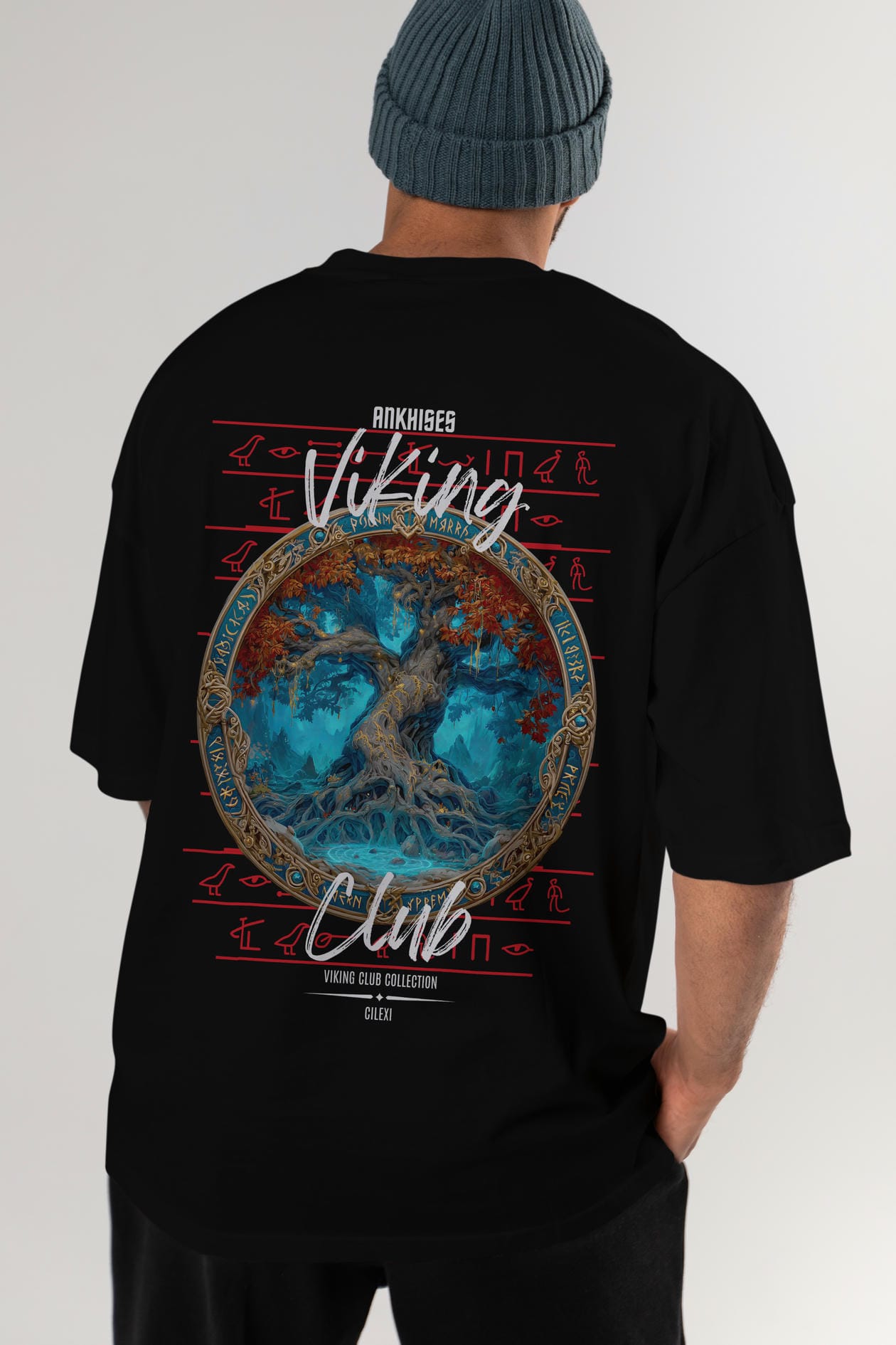 Yggdrasil Arka Baskılı Oversize t-shirt Erkek Kadın %100 Pamuk Bisiklet Yaka tişort