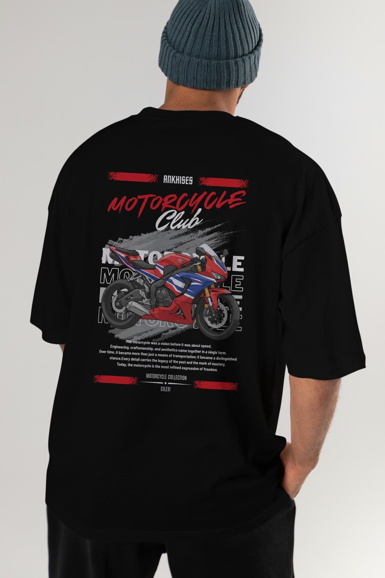 Motosiklet Serisi 25 Arka Baskılı Oversize t-shirt Erkek Kadın %100 Pamuk Bisiklet Yaka tişort