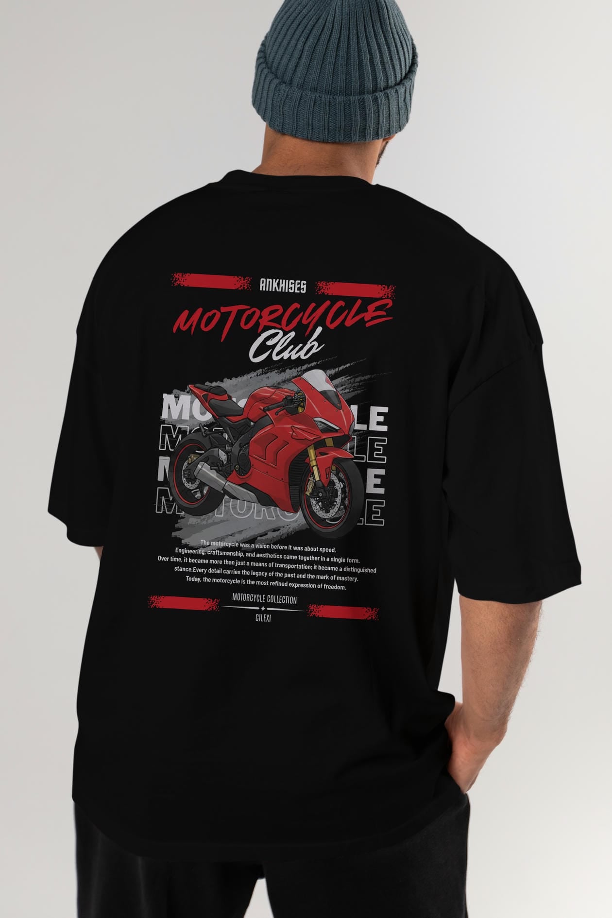 Motosiklet Serisi 7 Arka Baskılı Oversize t-shirt Erkek Kadın %100 Pamuk Bisiklet Yaka tişort