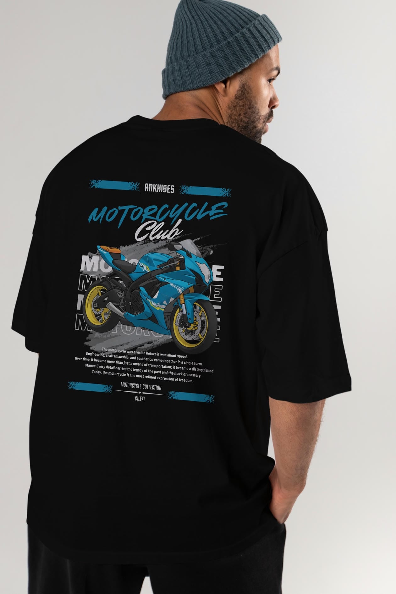 Motosiklet Serisi 11 Arka Baskılı Oversize t-shirt Erkek Kadın %100 Pamuk Bisiklet Yaka tişort