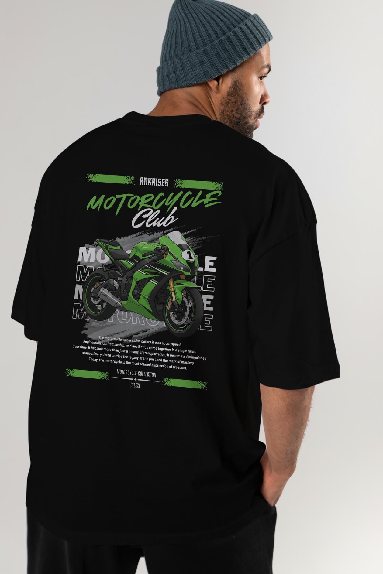 Motosiklet Serisi 6 Arka Baskılı Oversize t-shirt Erkek Kadın %100 Pamuk Bisiklet Yaka tişort