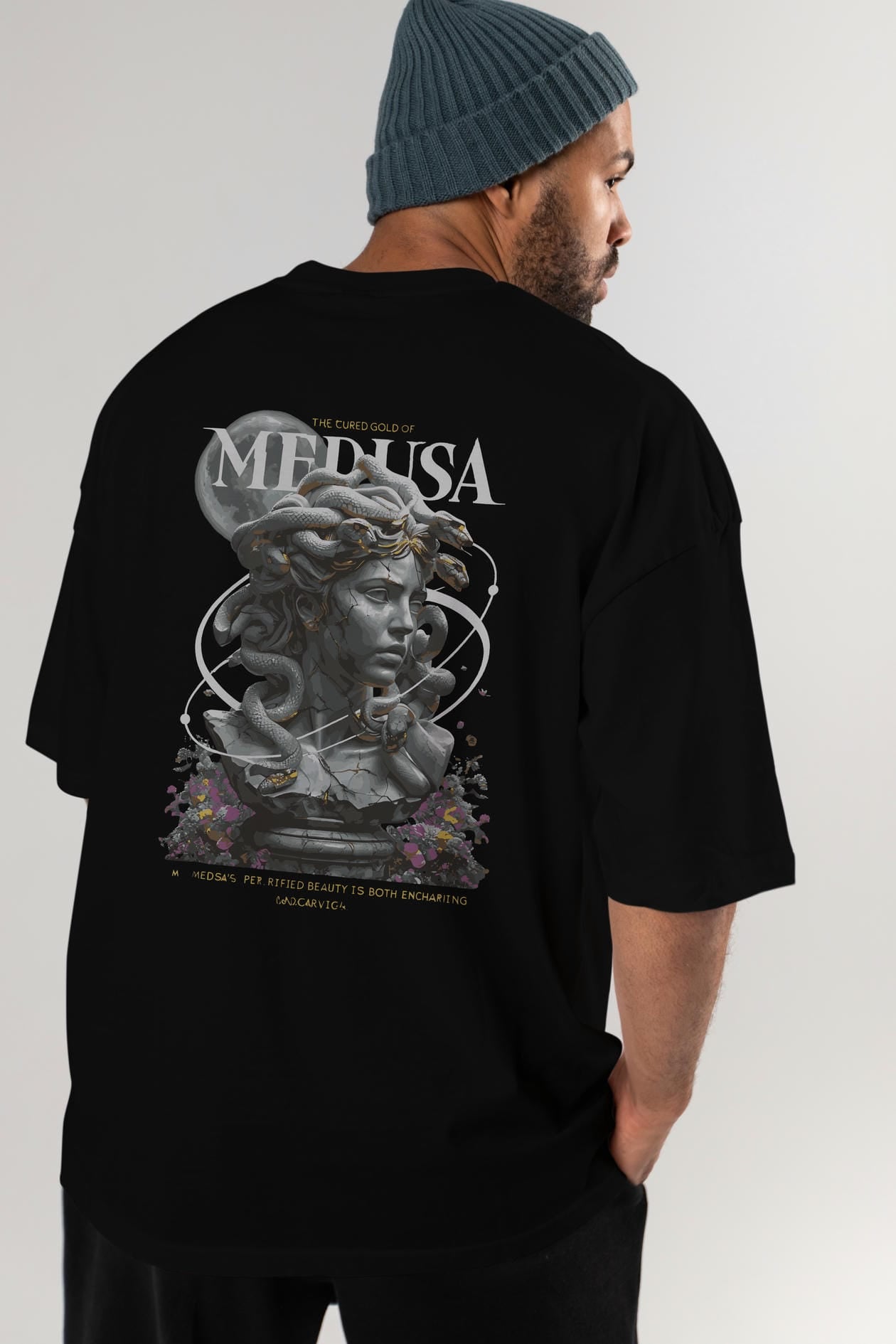 Medusa Arka Baskılı Oversize t-shirt Erkek Kadın %100 Pamuk Bisiklet Yaka tişort