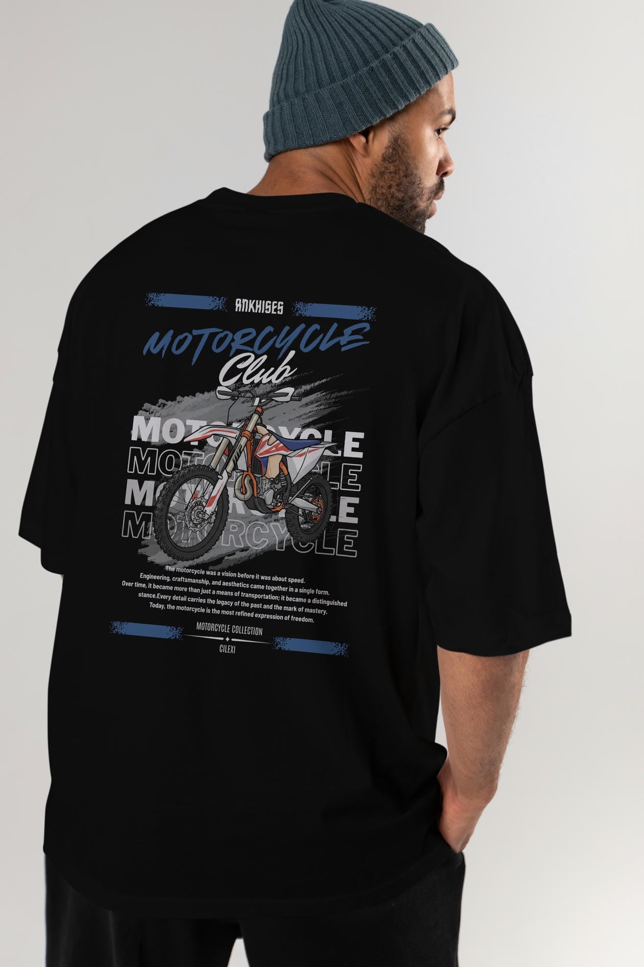Motosiklet Serisi 18 Arka Baskılı Oversize t-shirt Erkek Kadın %100 Pamuk Bisiklet Yaka tişort