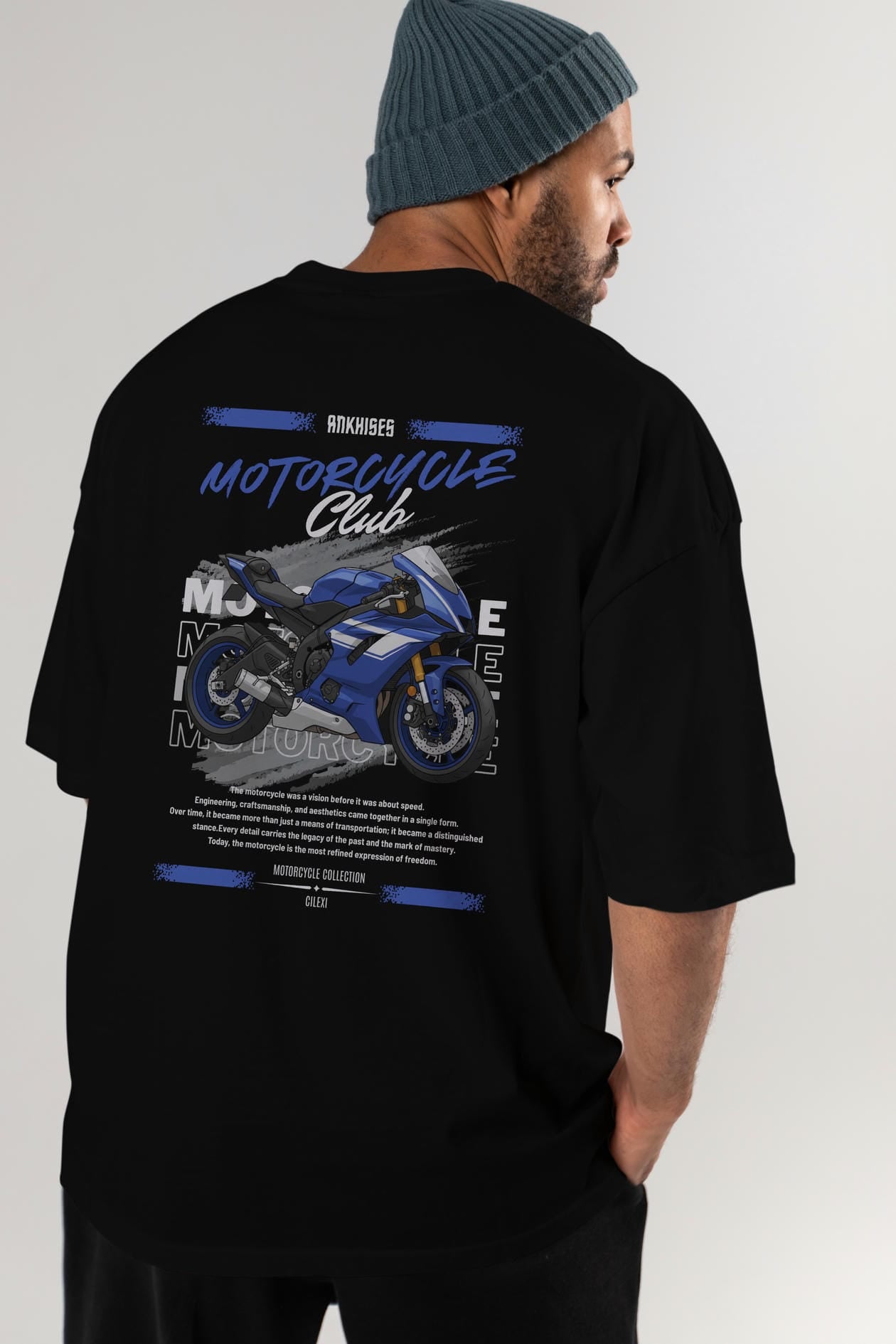 Motosiklet Serisi 32 Arka Baskılı Oversize t-shirt Erkek Kadın %100 Pamuk Bisiklet Yaka tişort