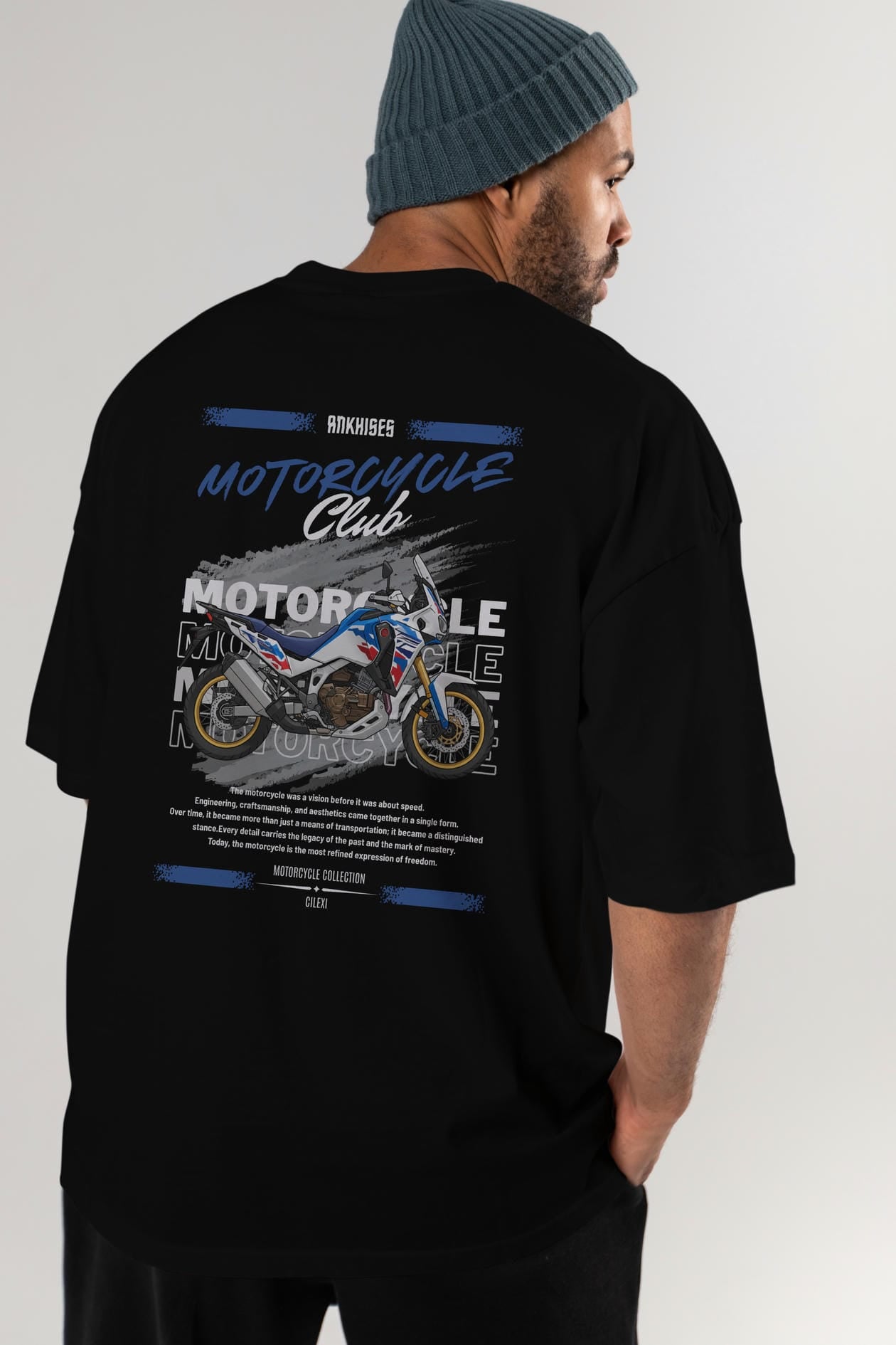 Motosiklet Serisi 23 Arka Baskılı Oversize t-shirt Erkek Kadın %100 Pamuk Bisiklet Yaka tişort