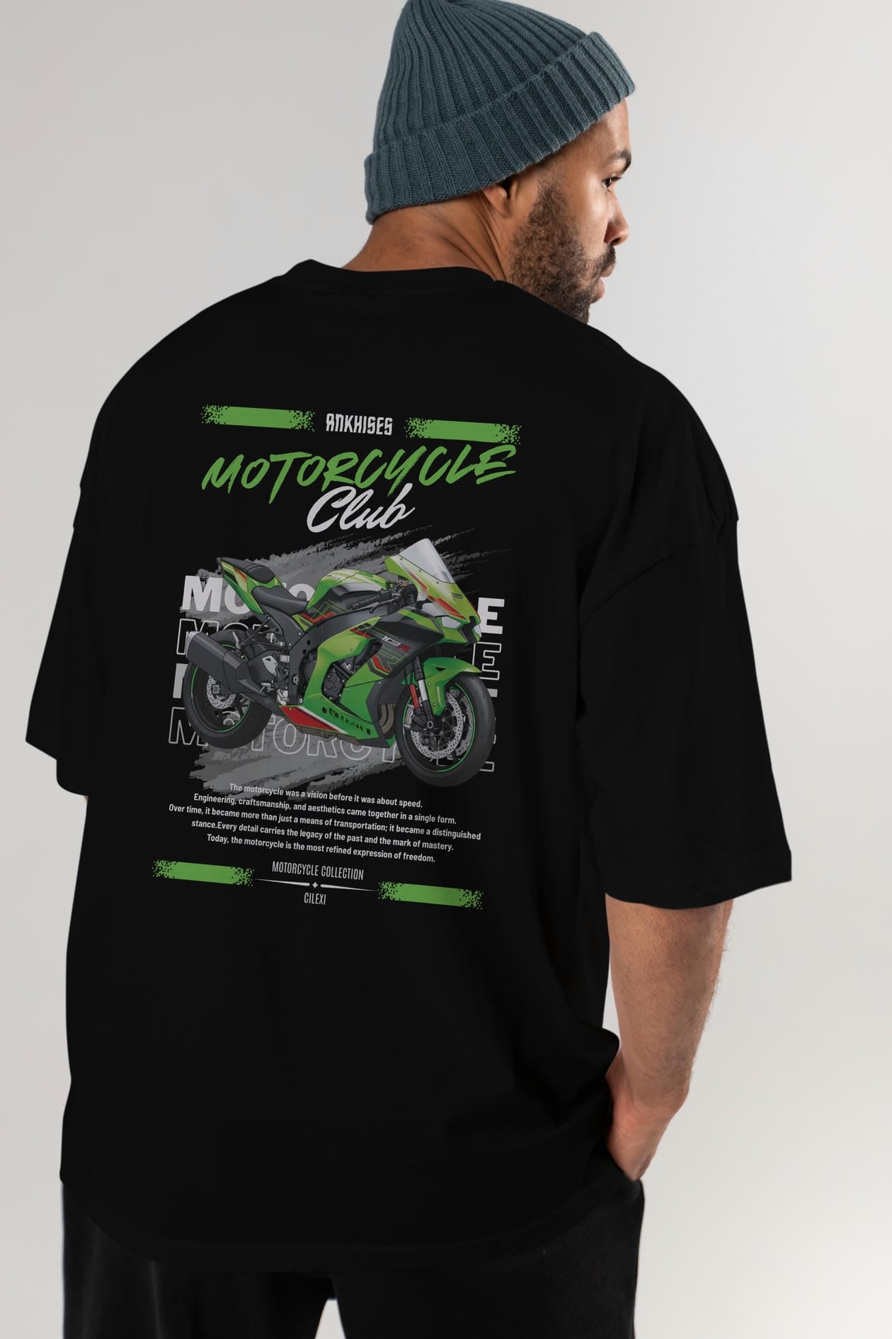 Motosiklet Serisi 14 Arka Baskılı Oversize t-shirt Erkek Kadın %100 Pamuk Bisiklet Yaka tişort