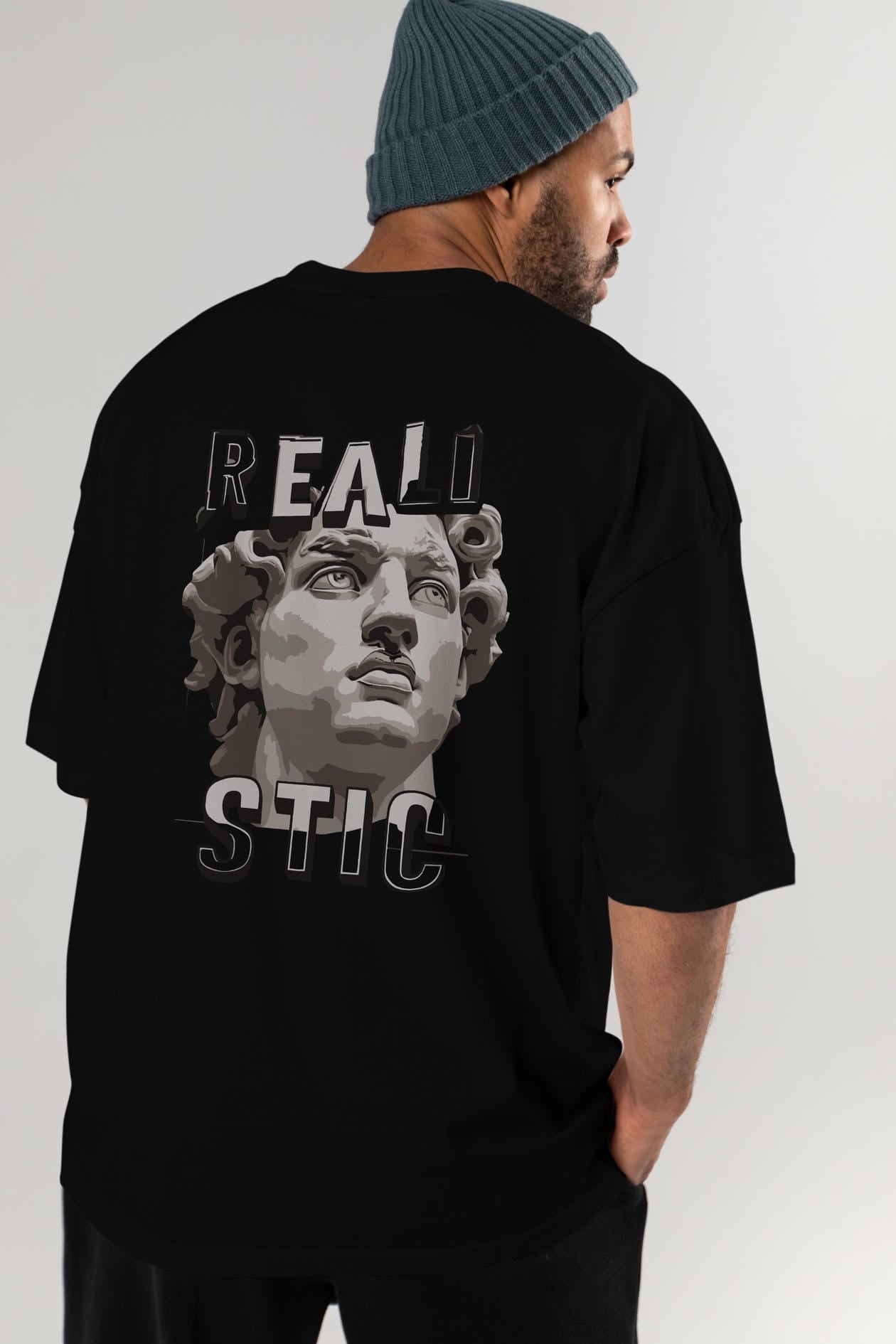 Realistic Arka Baskılı Oversize t-shirt Erkek Kadın %100 Pamuk Bisiklet Yaka tişort