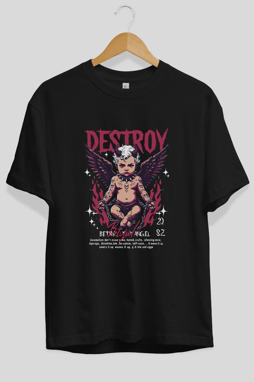Destroy ön Baskılı Oversize t-shirt Erkek Kadın %100 Pamuk Bisiklet Yaka tişort
