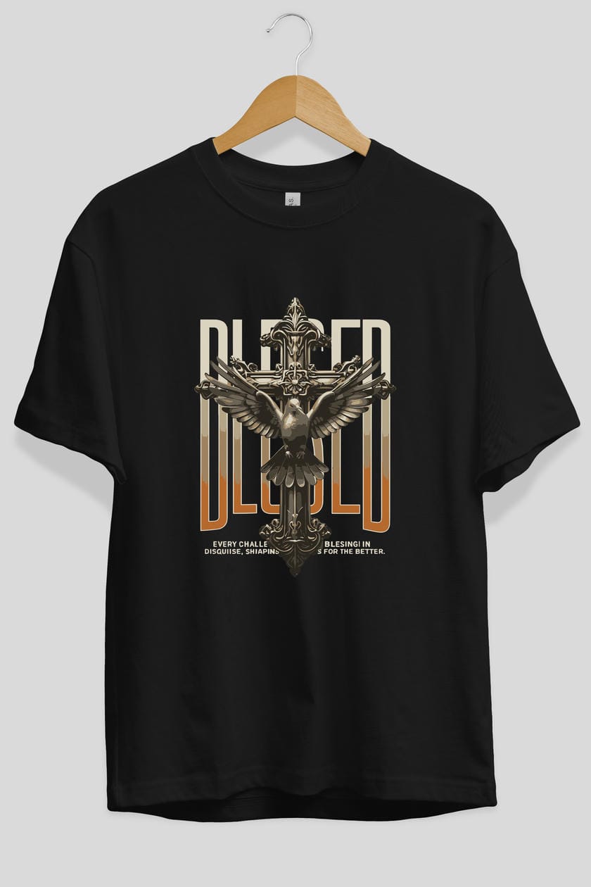 Blesed ön Baskılı Oversize t-shirt Erkek Kadın %100 Pamuk Bisiklet Yaka tişort