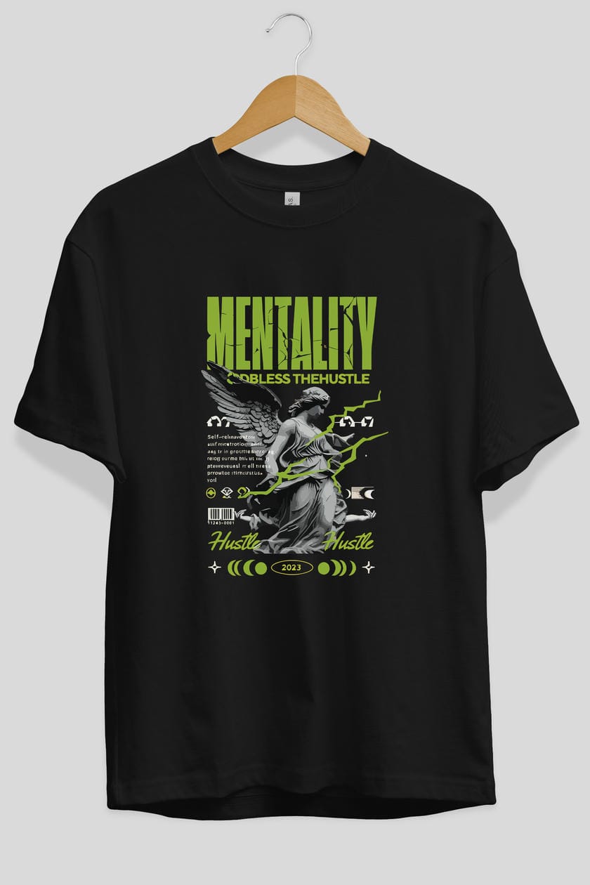 Mentality ön Baskılı Oversize t-shirt Erkek Kadın %100 Pamuk Bisiklet Yaka tişort