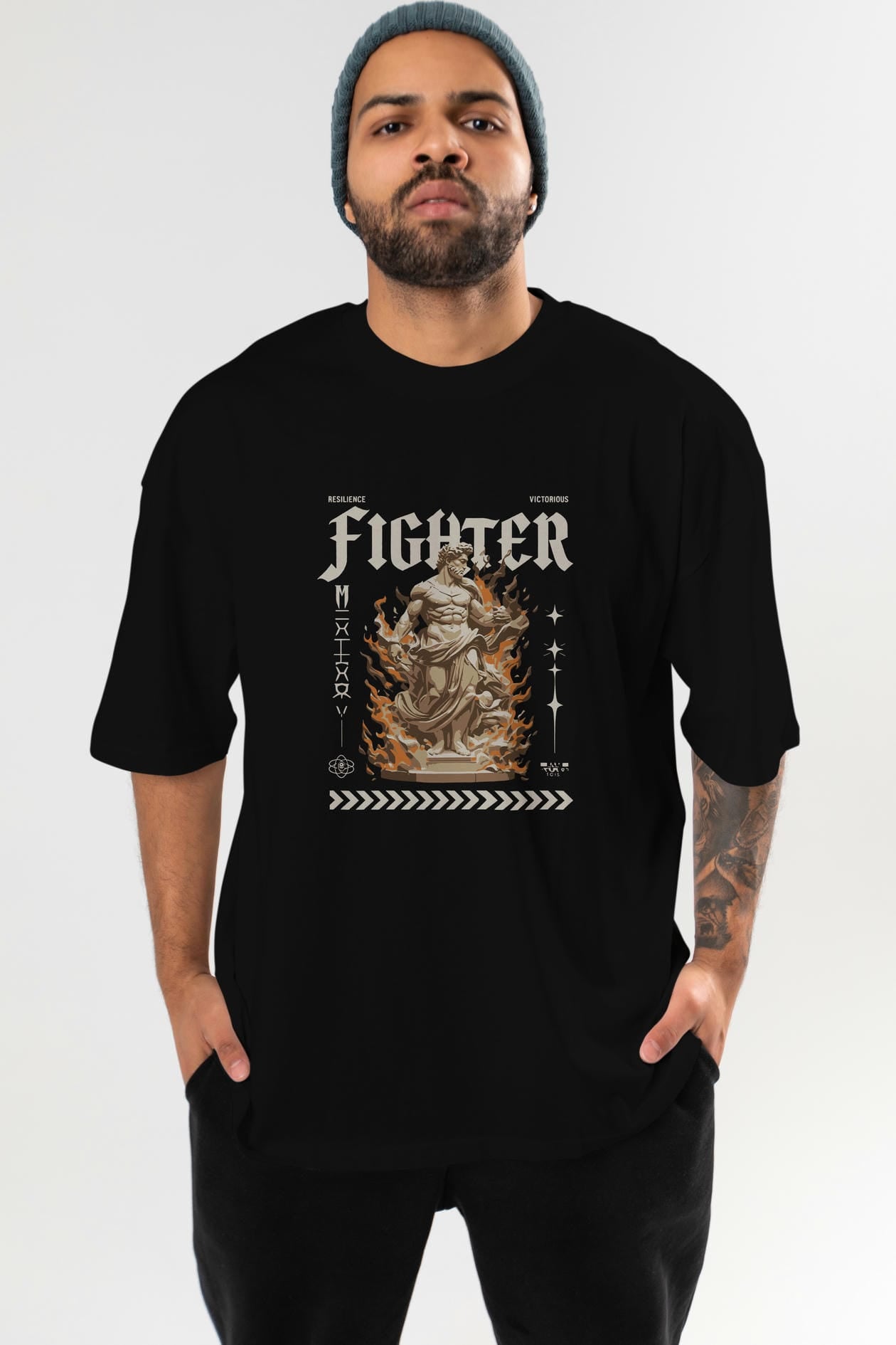 Fighter ön Baskılı Oversize t-shirt Erkek Kadın %100 Pamuk Bisiklet Yaka tişort