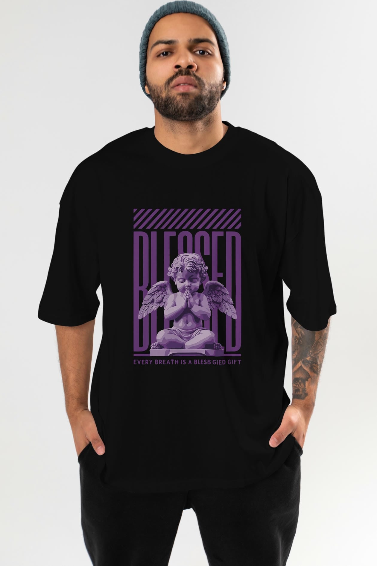 Blessed ön Baskılı Oversize t-shirt Erkek Kadın %100 Pamuk Bisiklet Yaka tişort