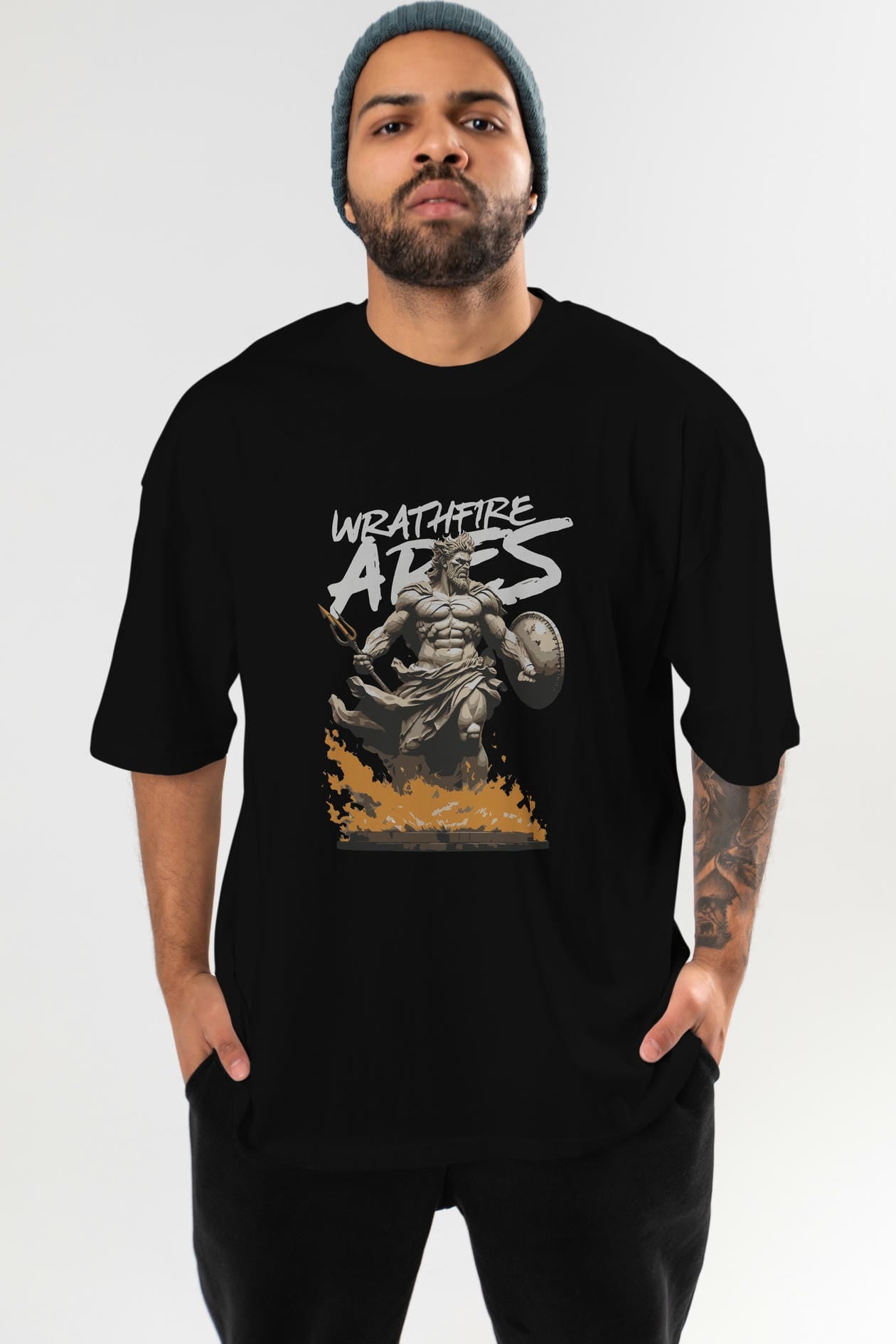 WrathFire Ares ön Baskılı Oversize t-shirt Erkek Kadın %100 Pamuk Bisiklet Yaka tişort