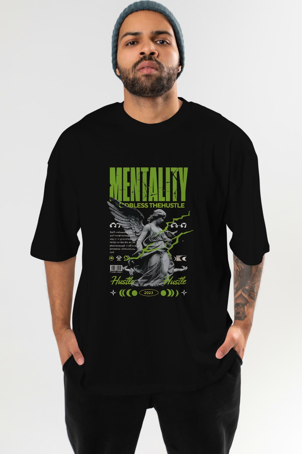 Mentality ön Baskılı Oversize t-shirt Erkek Kadın %100 Pamuk Bisiklet Yaka tişort