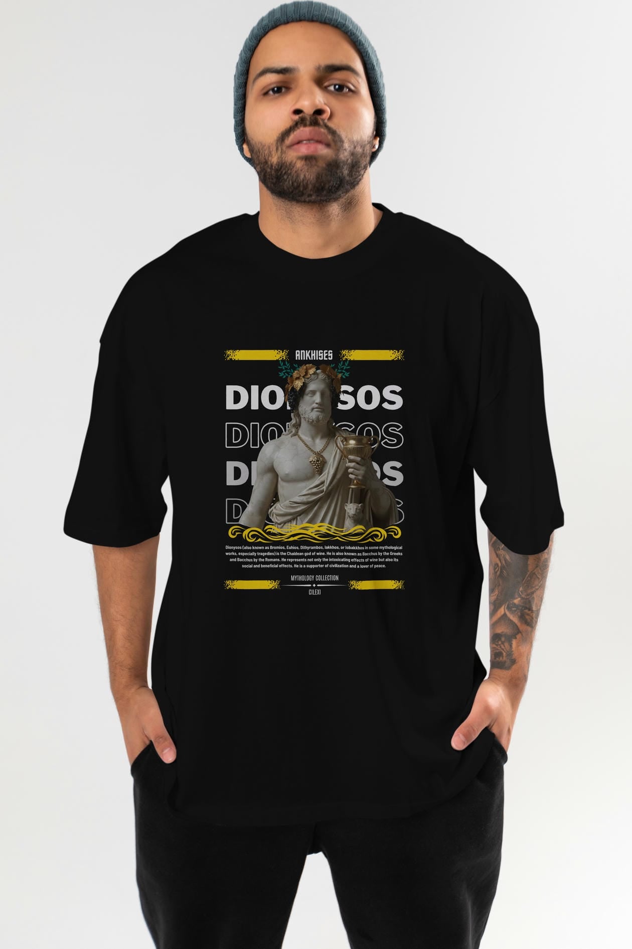 Dionysos 2 ön Baskılı Oversize t-shirt Erkek Kadın %100 Pamuk Bisiklet Yaka tişort