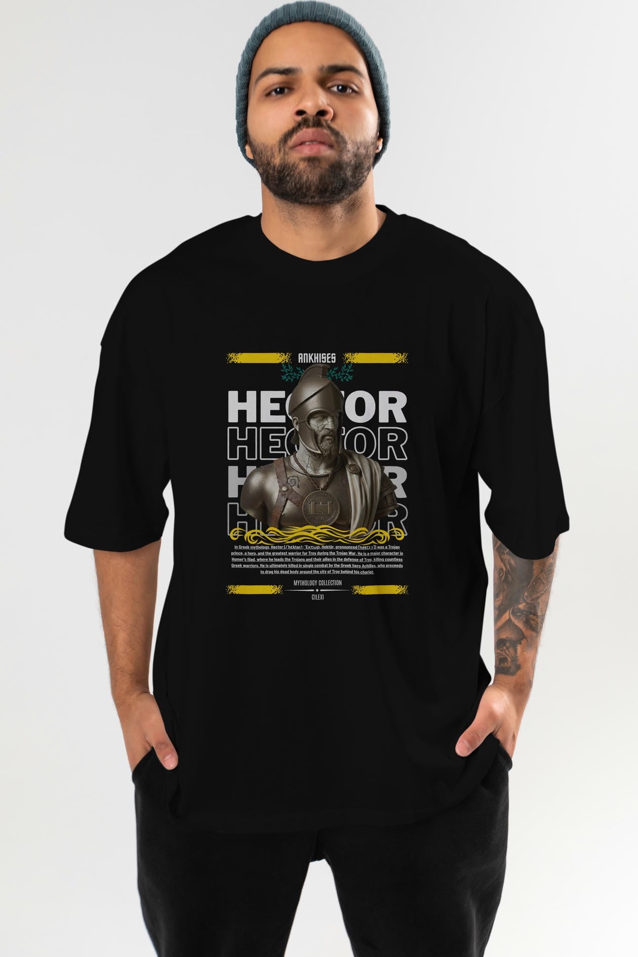 Hector 1 ön Baskılı Oversize t-shirt Erkek Kadın %100 Pamuk Bisiklet Yaka tişort