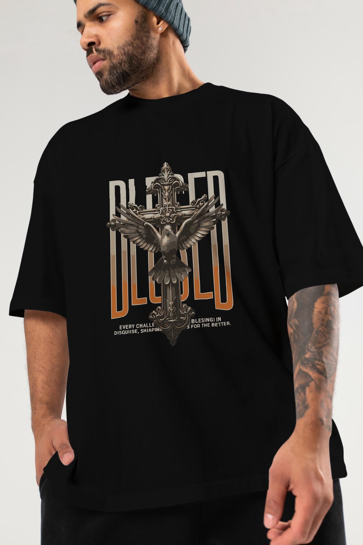 Blesed ön Baskılı Oversize t-shirt Erkek Kadın %100 Pamuk Bisiklet Yaka tişort