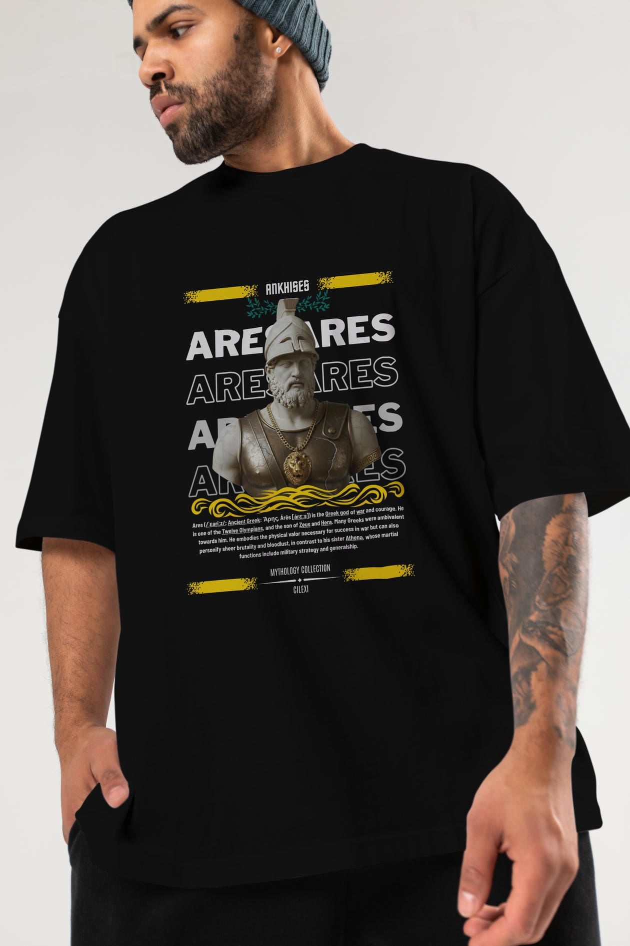Ares 2 ön Baskılı Oversize t-shirt Erkek Kadın %100 Pamuk Bisiklet Yaka tişort