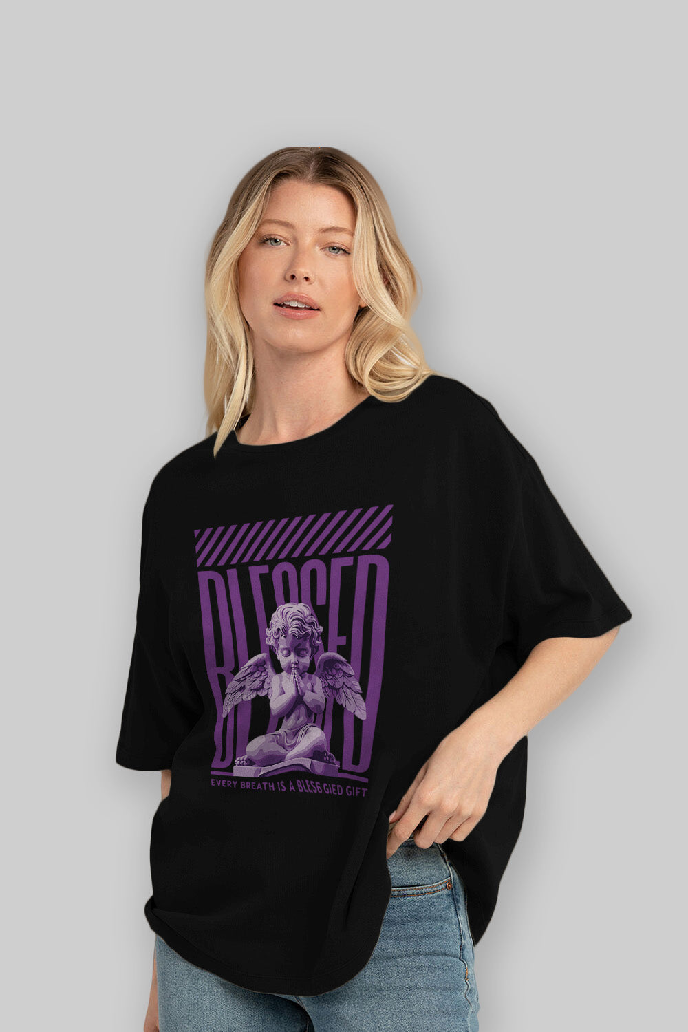 Blessed ön Baskılı Oversize t-shirt Erkek Kadın %100 Pamuk Bisiklet Yaka tişort