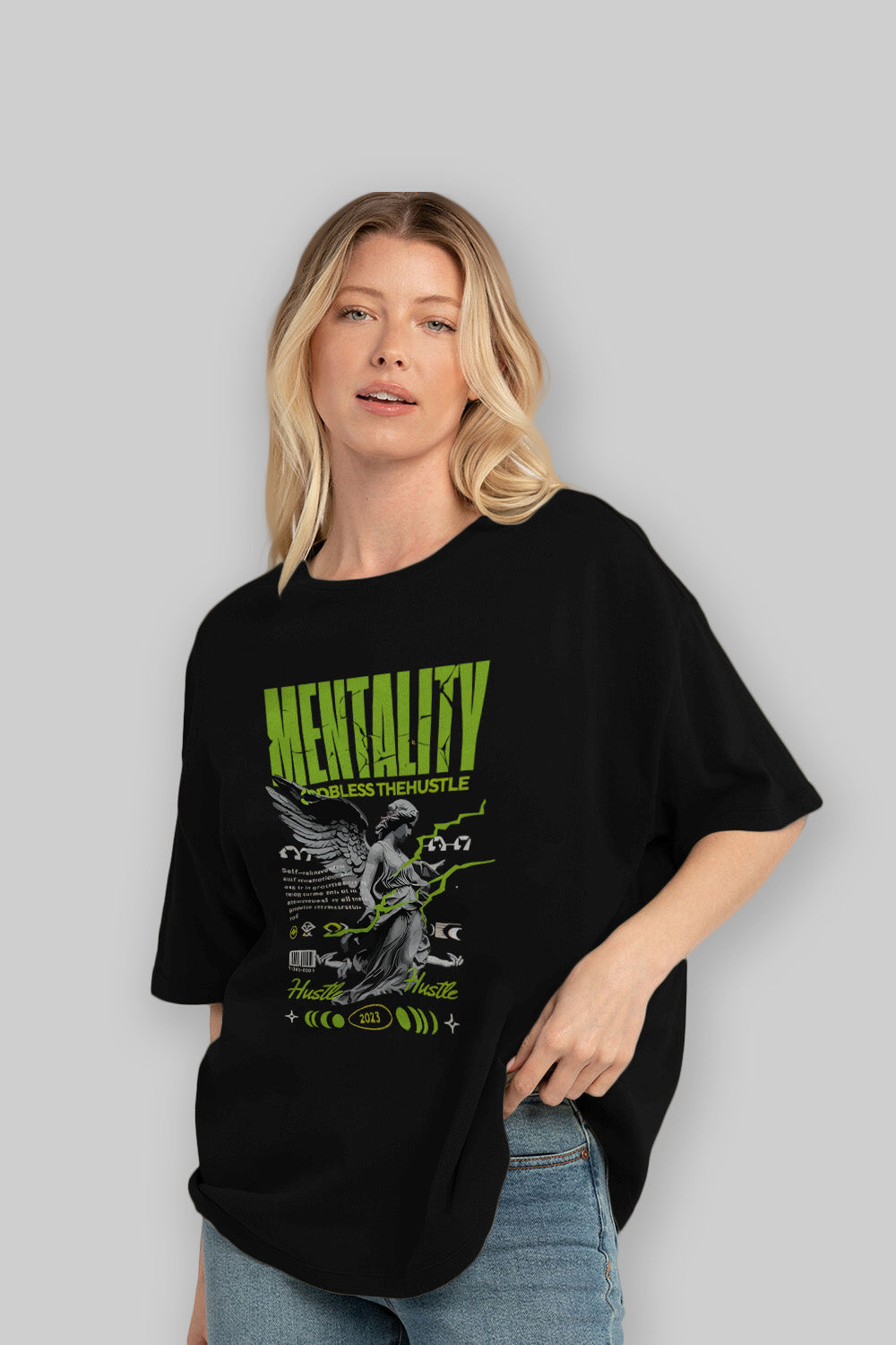 Mentality ön Baskılı Oversize t-shirt Erkek Kadın %100 Pamuk Bisiklet Yaka tişort