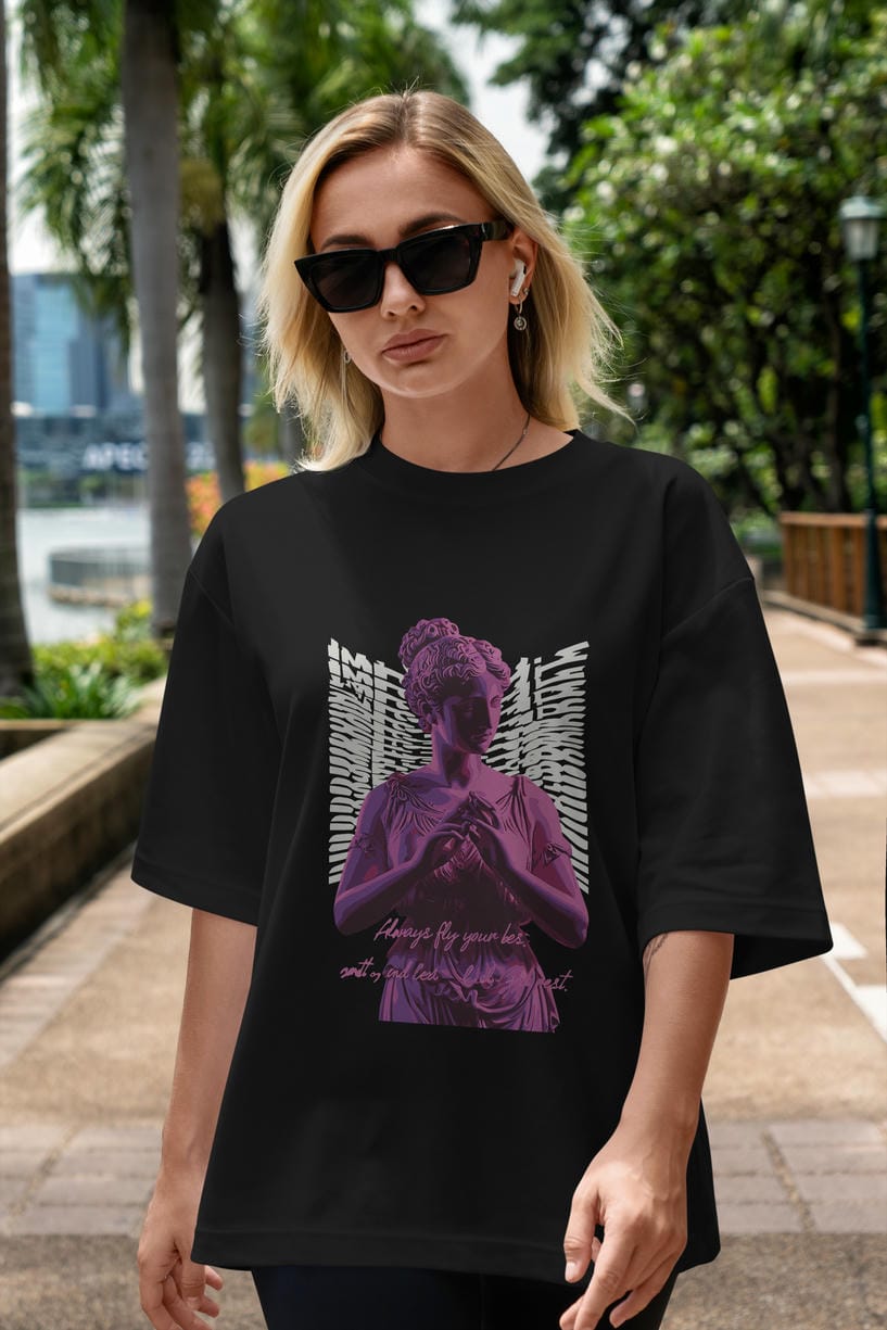 Always Fly ön Baskılı Oversize t-shirt Erkek Kadın %100 Pamuk Bisiklet Yaka tişort