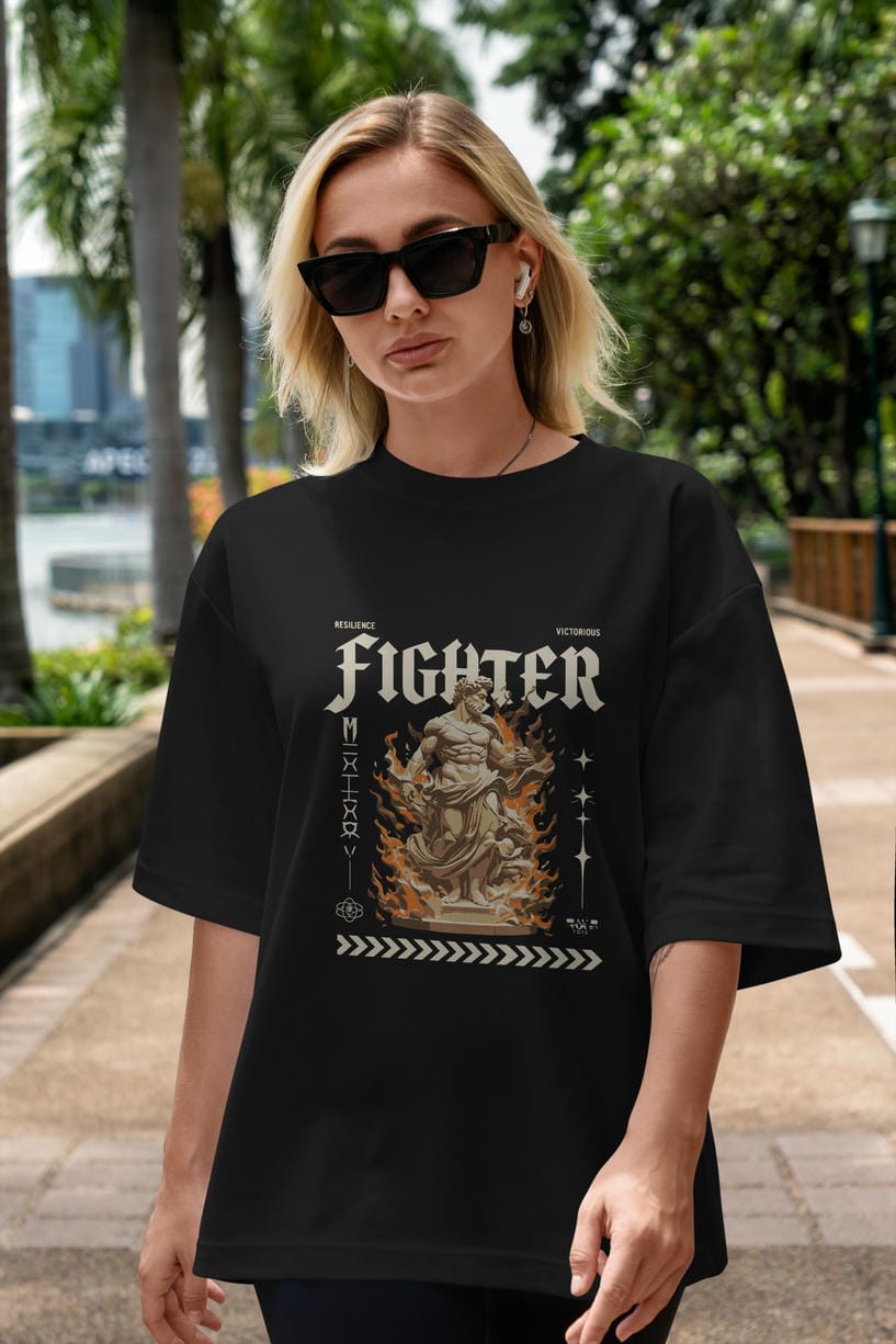 Fighter ön Baskılı Oversize t-shirt Erkek Kadın %100 Pamuk Bisiklet Yaka tişort