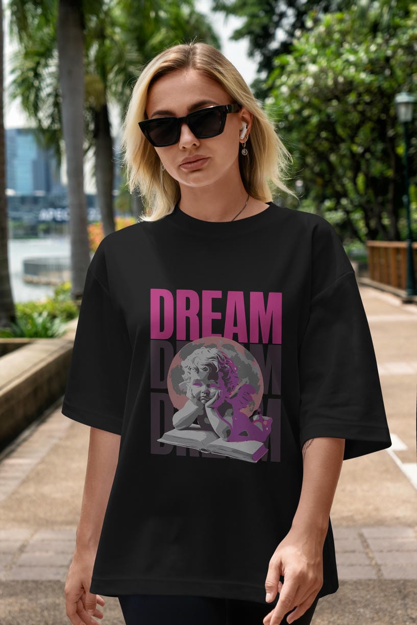 Dream Angel ön Baskılı Oversize t-shirt Erkek Kadın %100 Pamuk Bisiklet Yaka tişort
