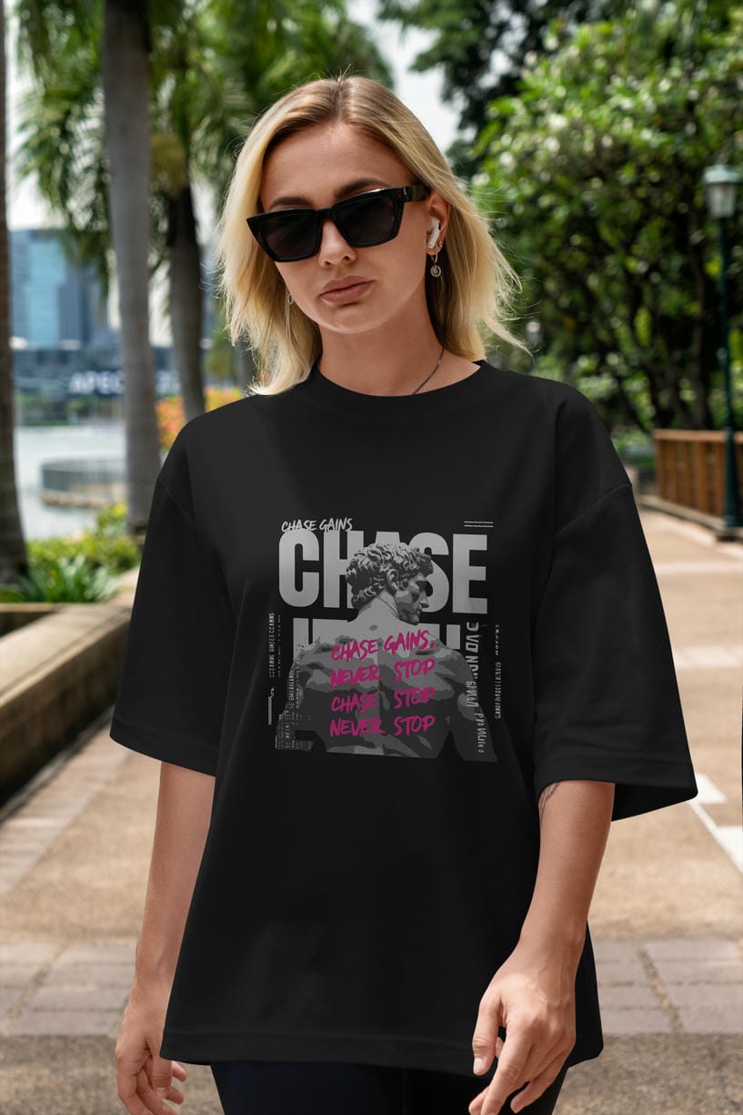 Chase Gains ön Baskılı Oversize t-shirt Erkek Kadın %100 Pamuk Bisiklet Yaka tişort