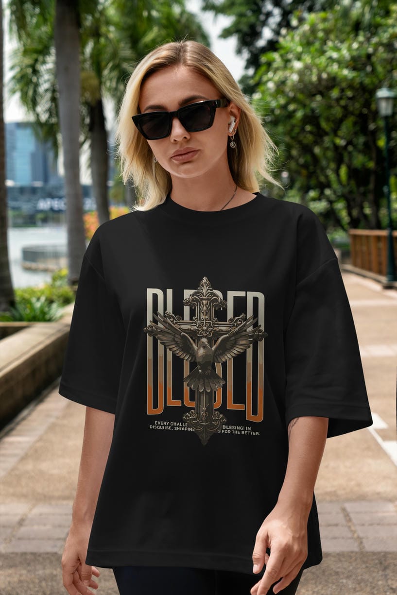 Blesed ön Baskılı Oversize t-shirt Erkek Kadın %100 Pamuk Bisiklet Yaka tişort