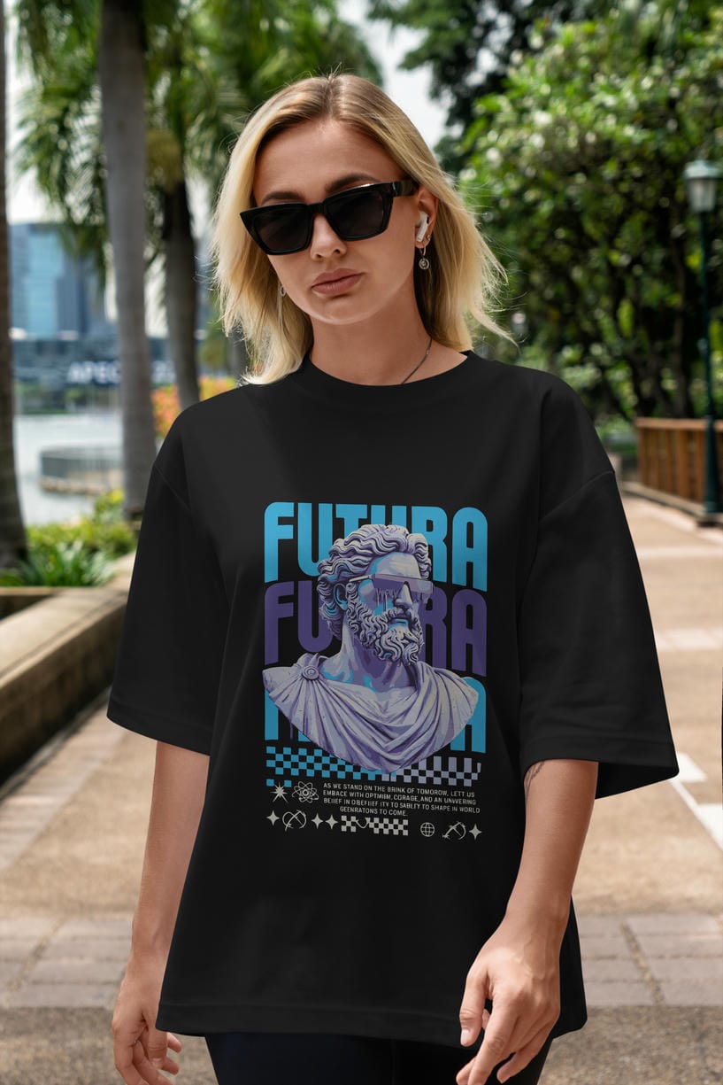 Futura Zeus ön Baskılı Oversize t-shirt Erkek Kadın %100 Pamuk Bisiklet Yaka tişort