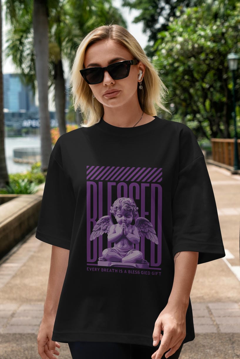 Blessed ön Baskılı Oversize t-shirt Erkek Kadın %100 Pamuk Bisiklet Yaka tişort
