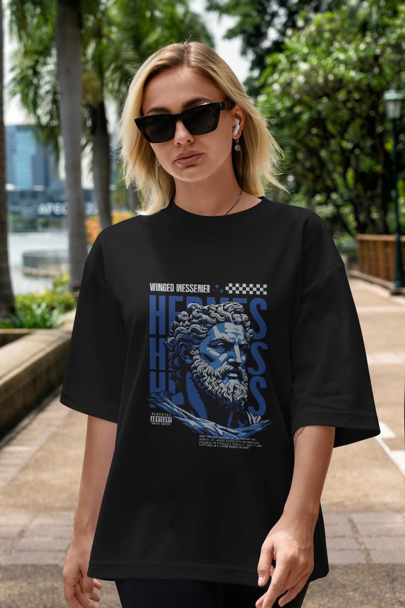 Hermes 1 ön Baskılı Oversize t-shirt Erkek Kadın %100 Pamuk Bisiklet Yaka tişort