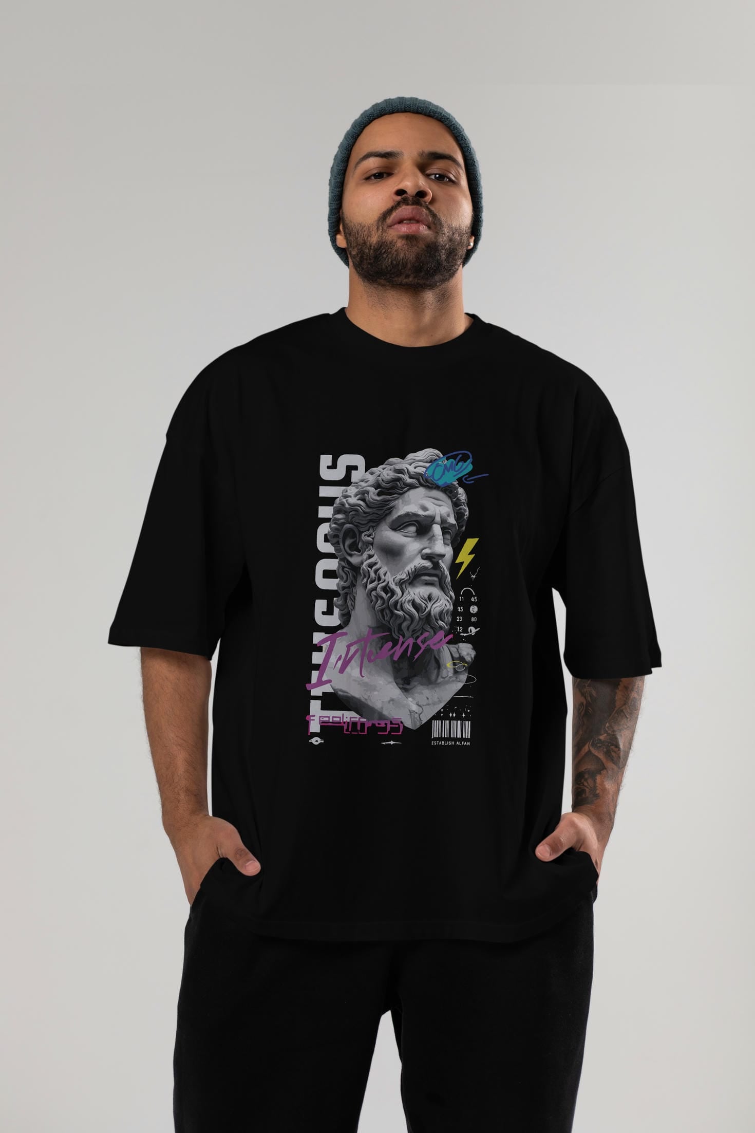Zeus Intense ön Baskılı Oversize t-shirt Erkek Kadın %100 Pamuk Bisiklet Yaka tişort