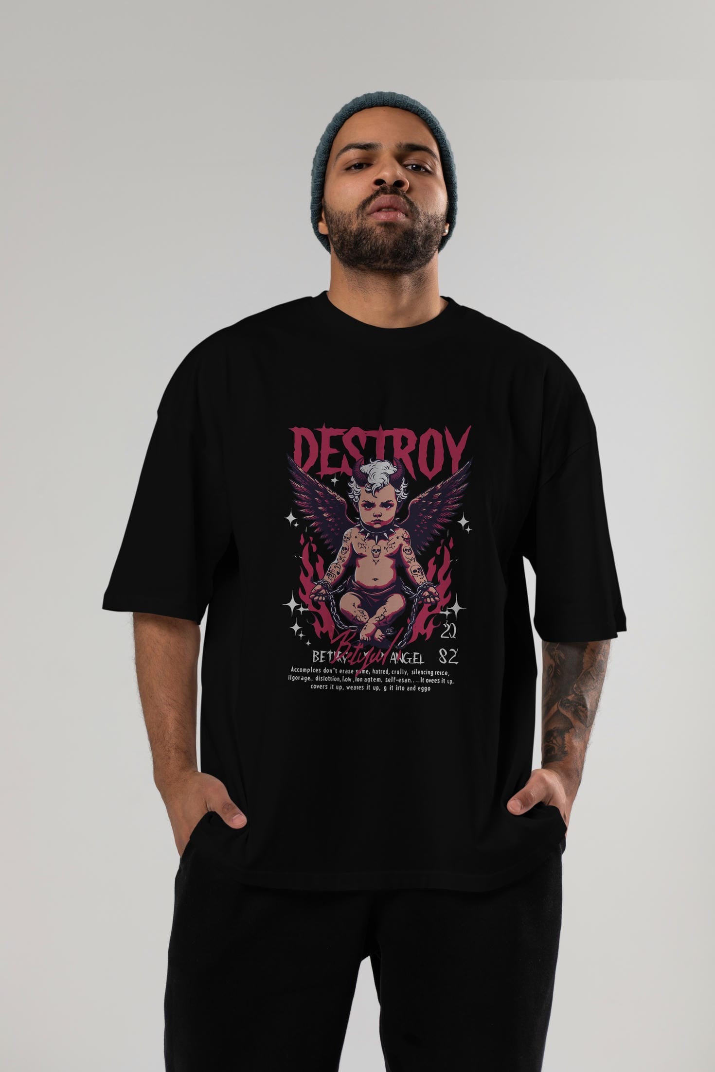 Destroy ön Baskılı Oversize t-shirt Erkek Kadın %100 Pamuk Bisiklet Yaka tişort
